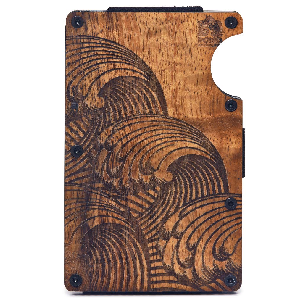 Pono WoodworksThe Minimalist, Hawaiian Koa Wood Wallet w/Money Clip (Wave Design)