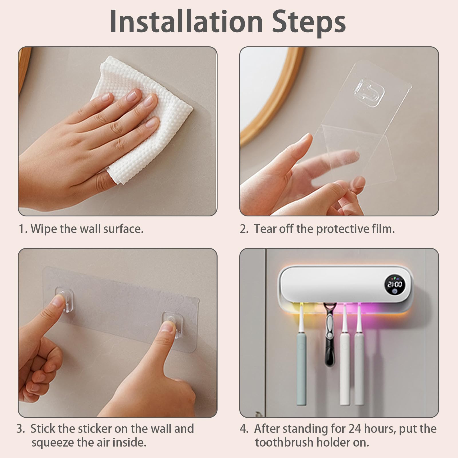Soporte para cepillo de dientes para baño, soporte inteligente para cepillo de dientes con limpieza/secado/temporizador, 5 ranuras para cepillos de dientes montado en la pared con luz nocturna