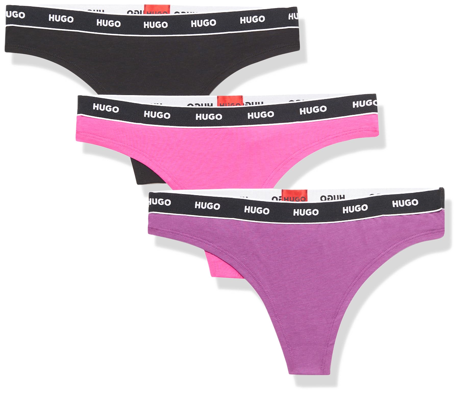 HUGO Women's 3-Pack Repeat Logo Cotton Stretch Thongs, Pink Carnation/Fuchsia Red/Black, XS