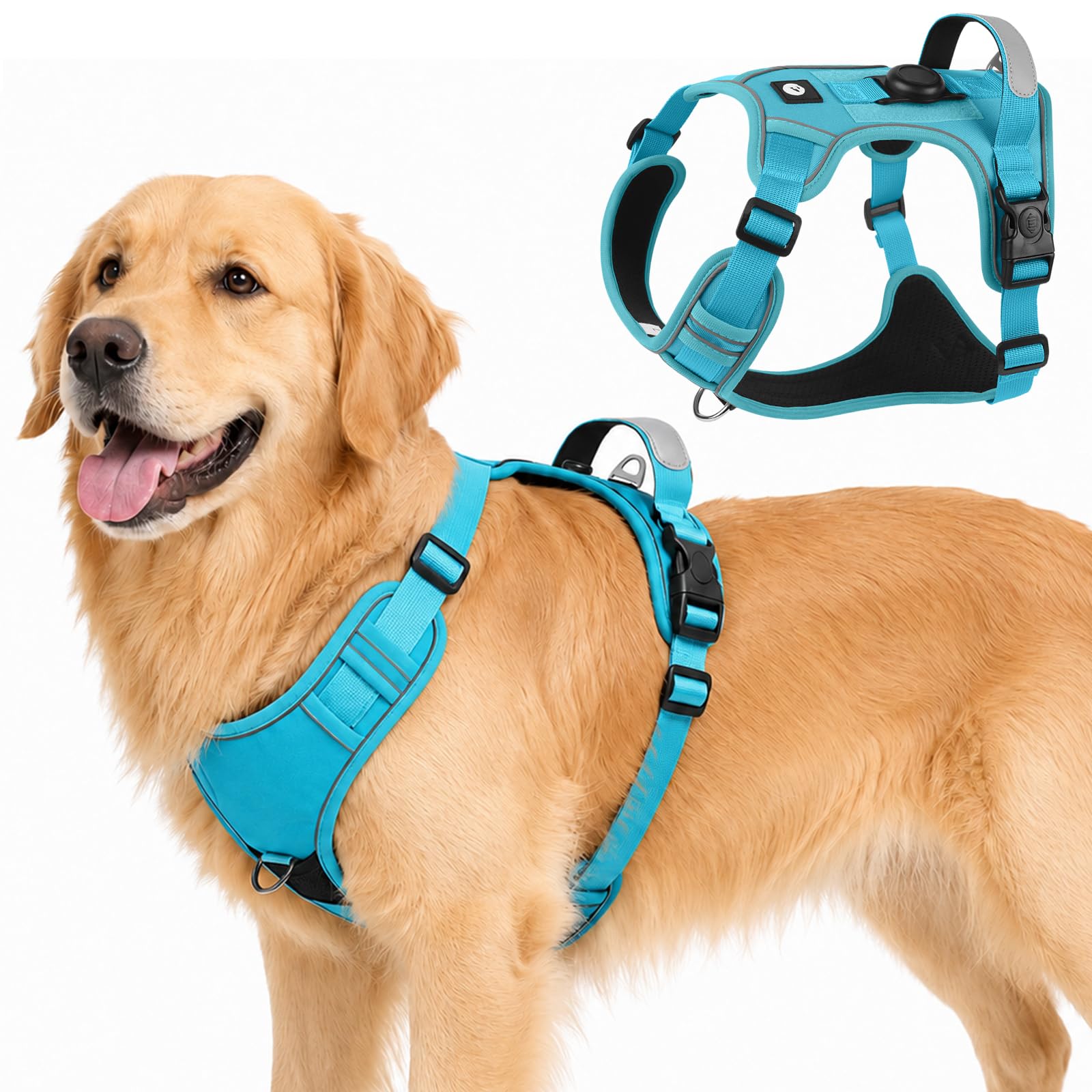 Olcyren Dog Harness with AirTag Holder for Small Medium Large Dogs, No Pull Adjustable Reflective Dog Harness with Front Clip, Anti Pull Soft No-Choke Breathable Harness with Handle (Blue, XL)