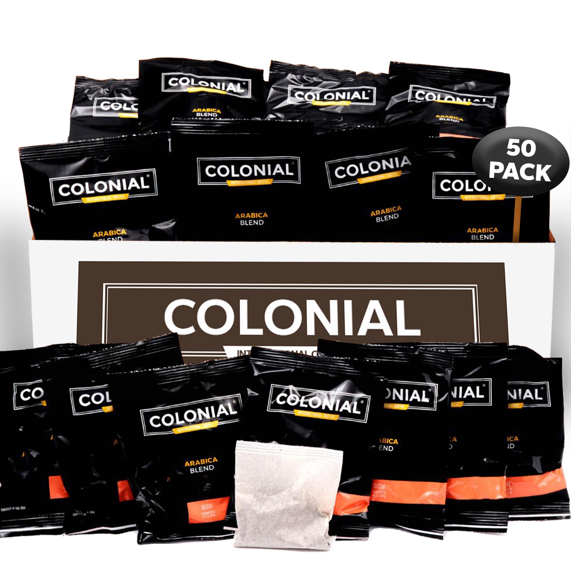 Colonial - Confezione di filtri per caffè decaffeinato macinato decaffeinato, per camere d'albergo, tostatura scura decaffeinata, 14,2 g (confezione da 50), da utilizzare con macchina da caffè a