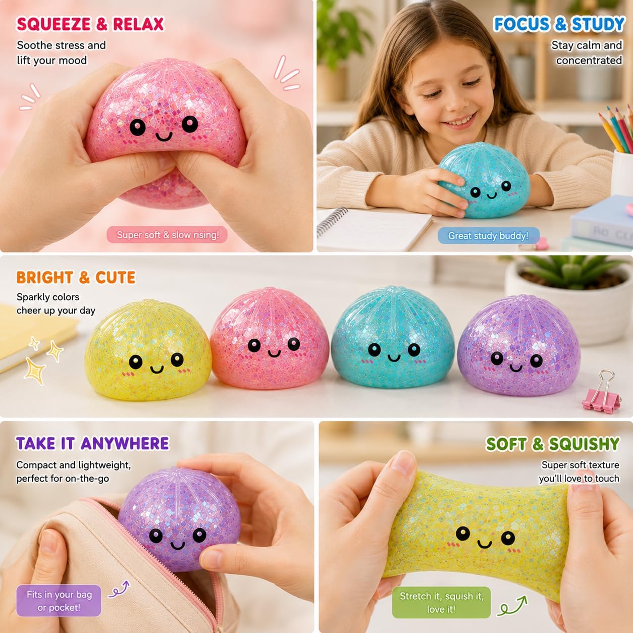 Blue Dumpling Squishies New Mystery Glitter Squishies Dumpling with Box Stress Relief Balls Sensory Toys Desk Squeeze Toys Gift