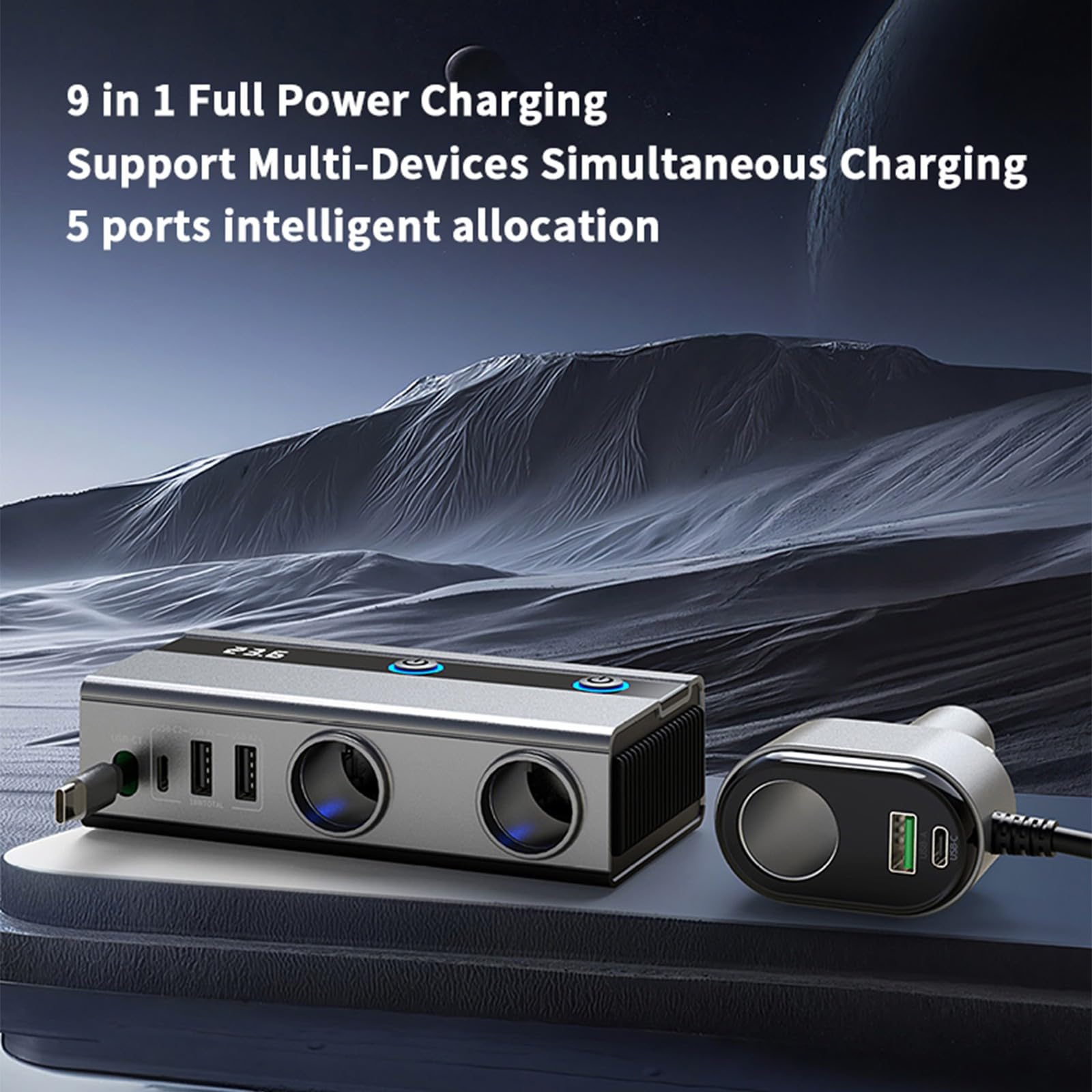 Adaptador de carga de coche 9 en 1 de alta potencia de 120 W con cable USB C retráctil, múltiples puertos para carga rápida PD65 W en Vehi