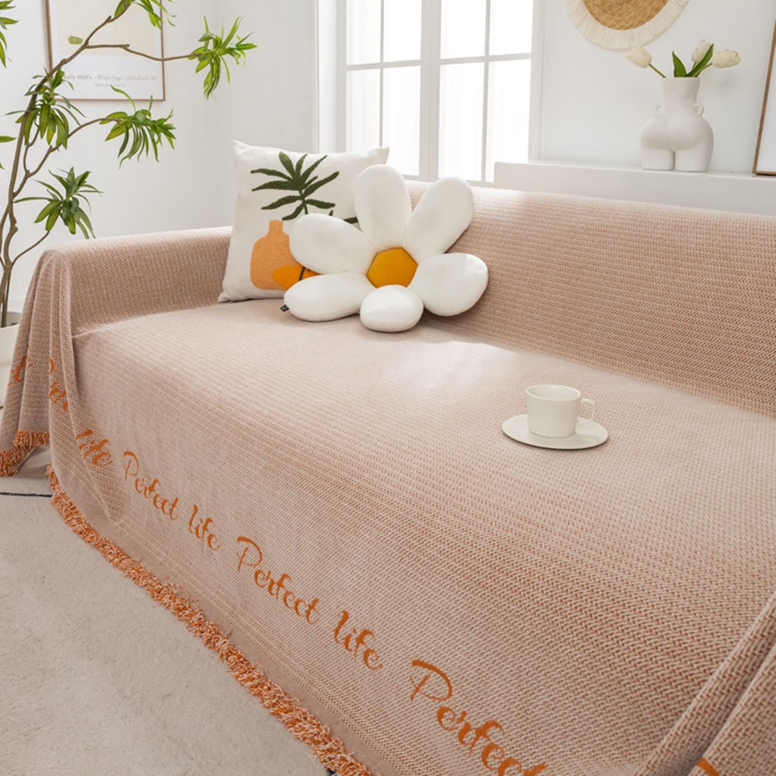 Housse Canapé Lit 2 Places, Universel Couverture pour Canapé Couleur Unie avec Lettres imprimées et Pompon Orange en Chenille, 180x200cm