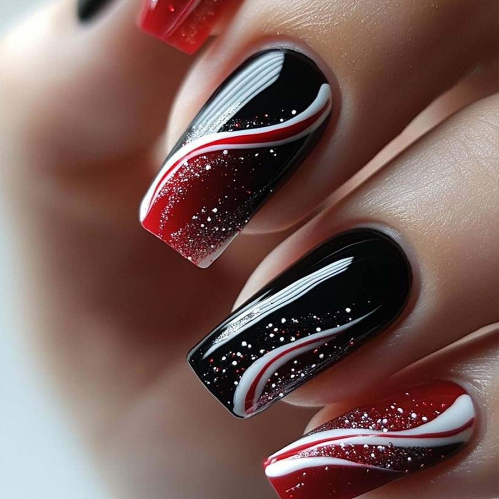 Square Press on Nails Medium Black Red Gradient False Nails Fall Fake Nails with Glitter Designs Autumn Acrylic Nails Medium Stick on Nail Glossy Glue