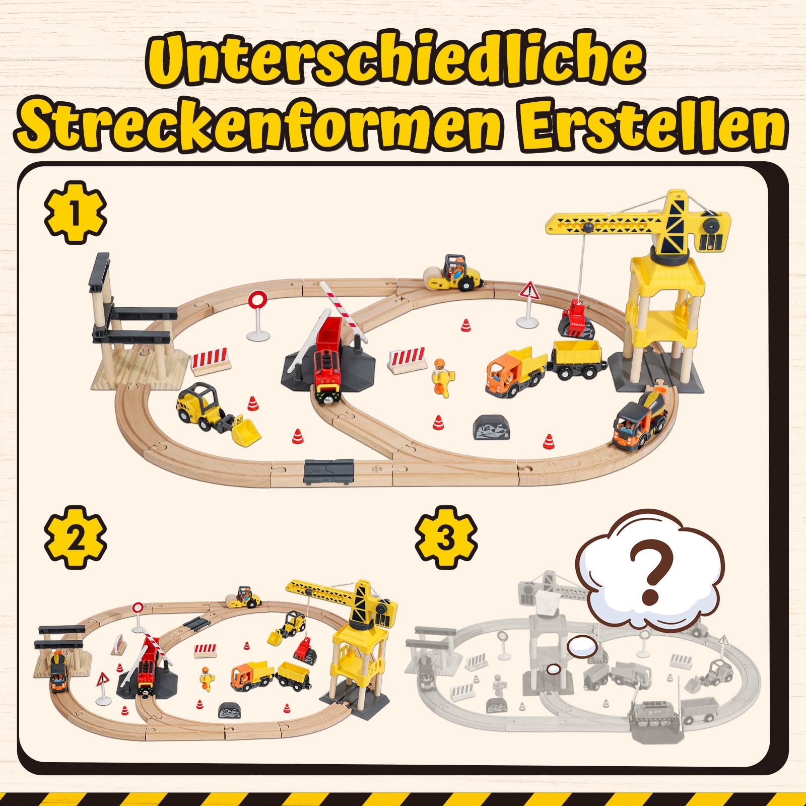 Lehoo Castle Holzeisenbahn, Elektrische Lok und Kran, Kinder ab 3 Jahre | 68 Teile, Elektrischer Zug, 360 Grad Magnetkran, Kompatibel mit Holzschienen, Baustellenfahrzeuge, Geschenk ab 3 Jahre