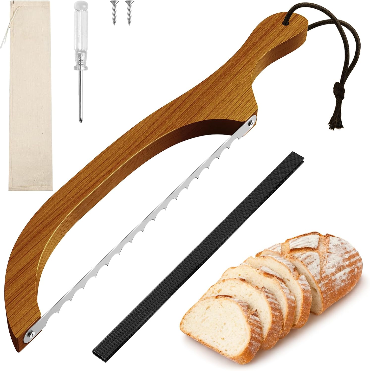 Bread Knife for Homemade Bread – 16" Walnut Bow Bread Cutter with Ultra-Sharp Serrated Stainless Steel Blade, Sourdough Bread Knife for Bagels, Baguettes, and Rustic Loaves - Walnut Color