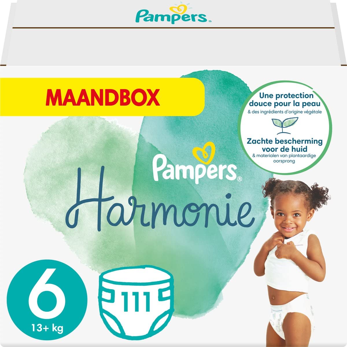 Pampers Couches Taille 6 (13+ kg), Harmonie, 111 Couches Bébé, Pack 1 Mois, 0% de compromis, 100% d'absorption, Ingrédients d'origine végétale, Hypoallergéniques