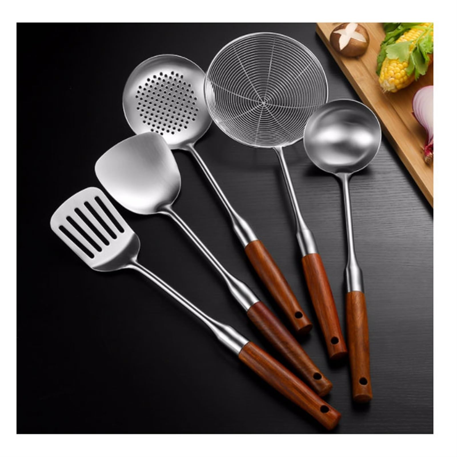 Kochlöffel aus Edelstahl, Kochspatel, Gadgets, Kochutensilien, Küchenkochgeschirr, Backgeschirr, Werkzeuge, Lagerregale, 6-teiliges Set