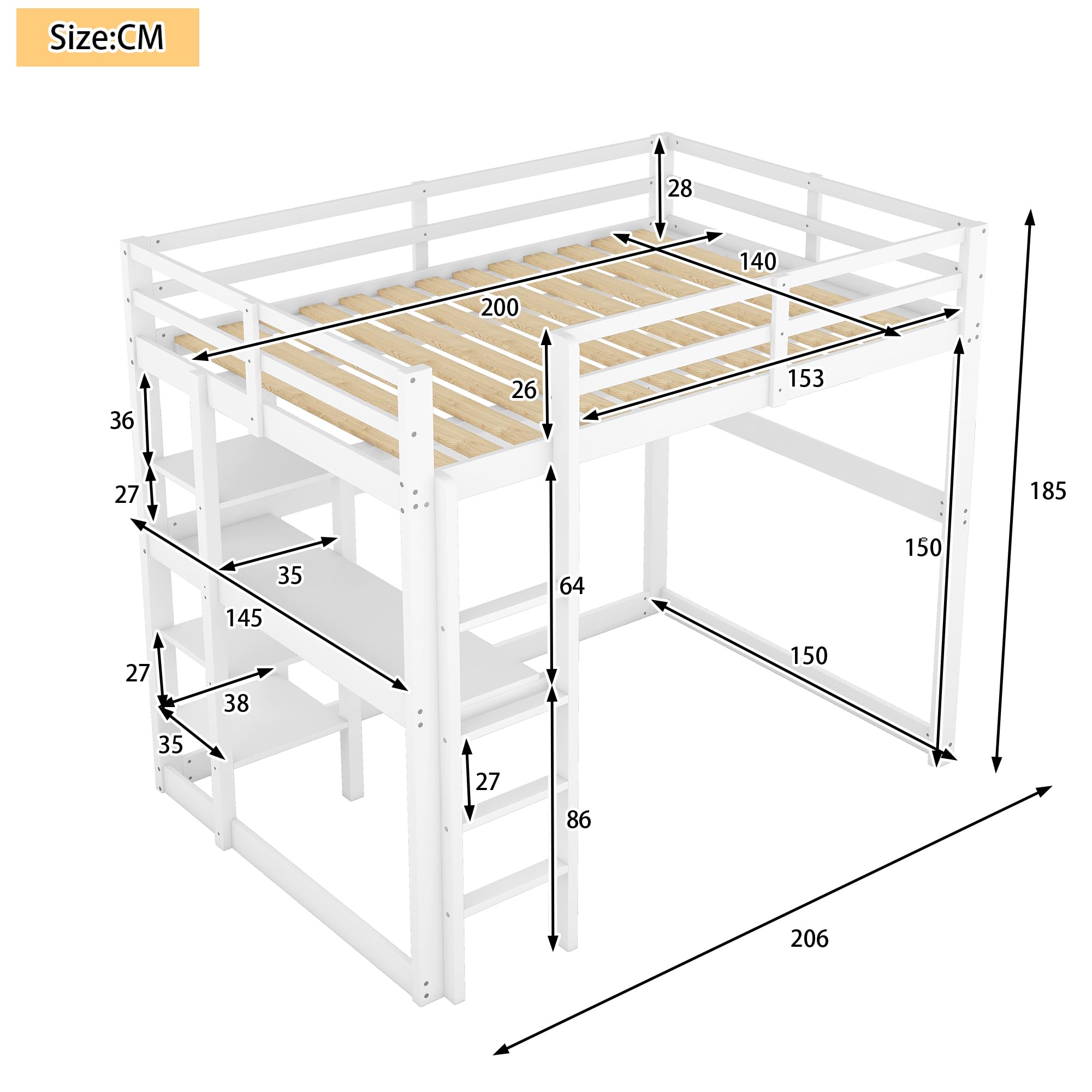 140 x 200 cm, letto a soppalco con vano portaoggetti, completamente in pino, con 4 ripiani e una scrivania (bianco), WX000122