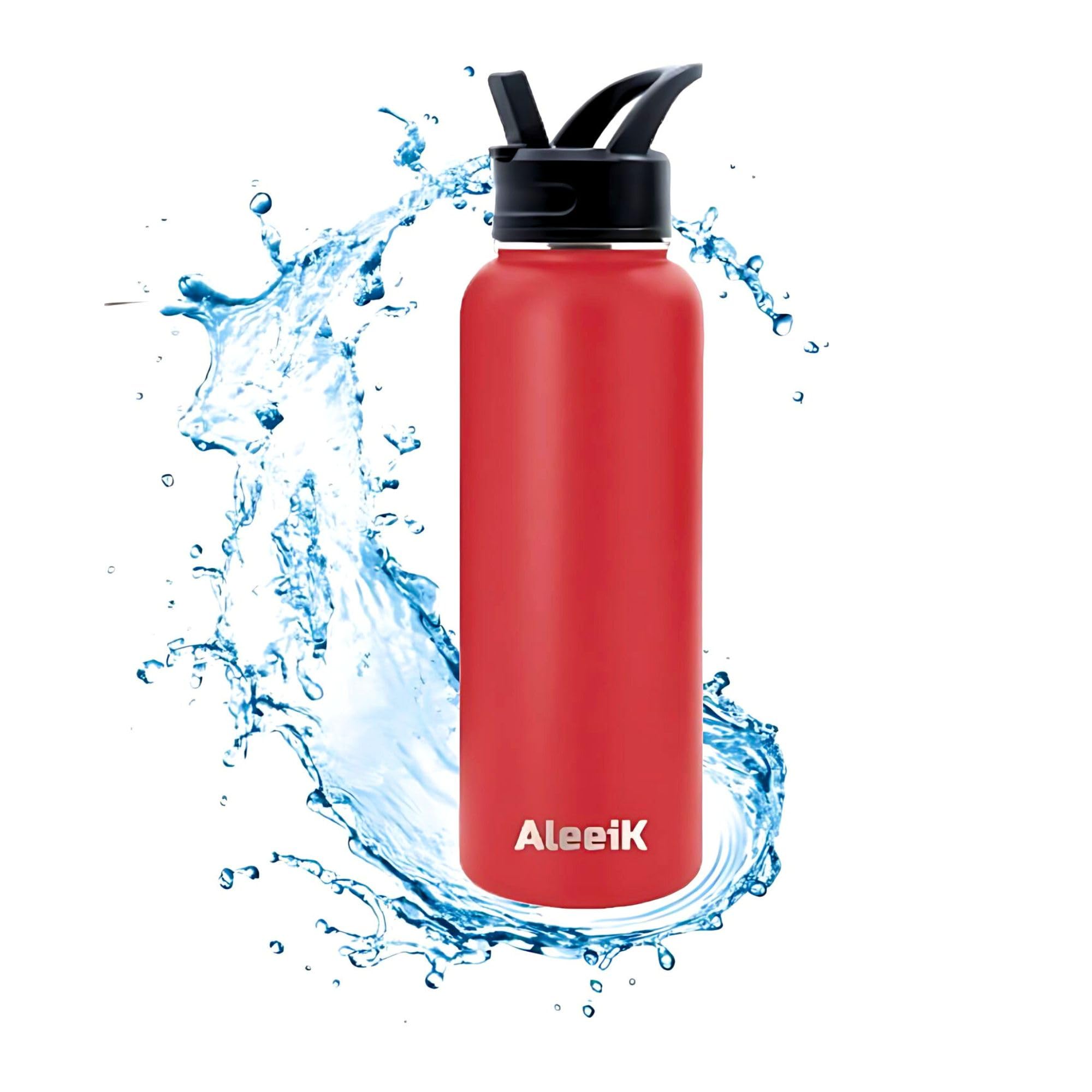 AleeiK Sports Water Bottle -1.2L | Leak Proof, Vacuum Insulated Stainless Steel, Double Walled Water Bottle With Straw | Wide Mouth Hot & Cold Sports Thermos, 40 Oz (Red)