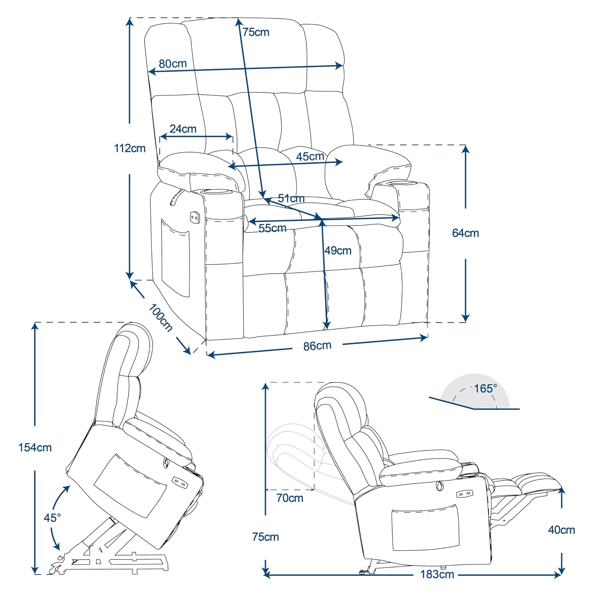 M MCombo Poltrona relax elettrica 7546 con 3 motori, regolabile separatamente, posizione sdraiata fino a 165°, poltrona TV con USB, per anziani soggiorno (microfibra grigio scuro)