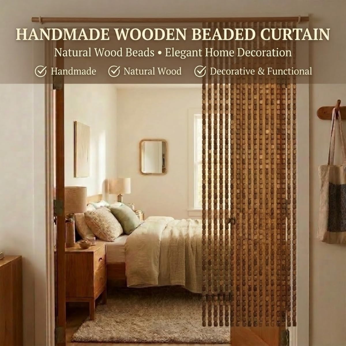 Rideau Occultant en Perles de Bois, Rideau de Porte Perle de Bambou Naturel, Séparateur de Pièce Pare-Vue Pour Chambre Salon Couloirs Porch, Suspendu Librement Durable(Original Wood,70x190cm)