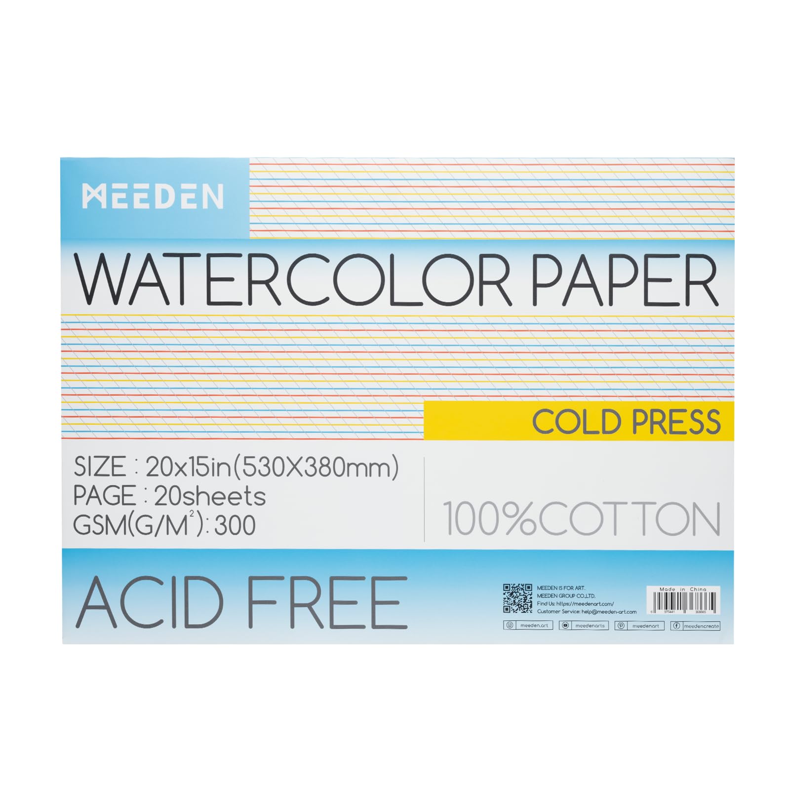 MEEDEN Watercolor Paper Block - 100% Cotton Watercolor Paper Pad of 20 Sheets, 140lb/300gsm, Acid-Free Art Paper for Watercolor, Gouache, Ink and More, 21" x 15" Hot Press