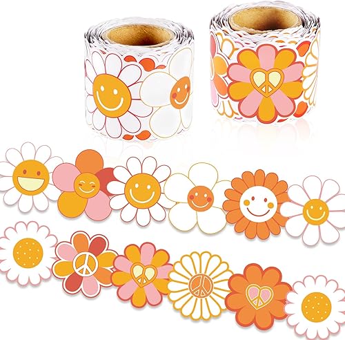 Groovy - Bordes de tablón de anuncios, 72 pies, estilo hippie, retro, con cara sonriente de margarita, bordes enrollados troquelados para decoración