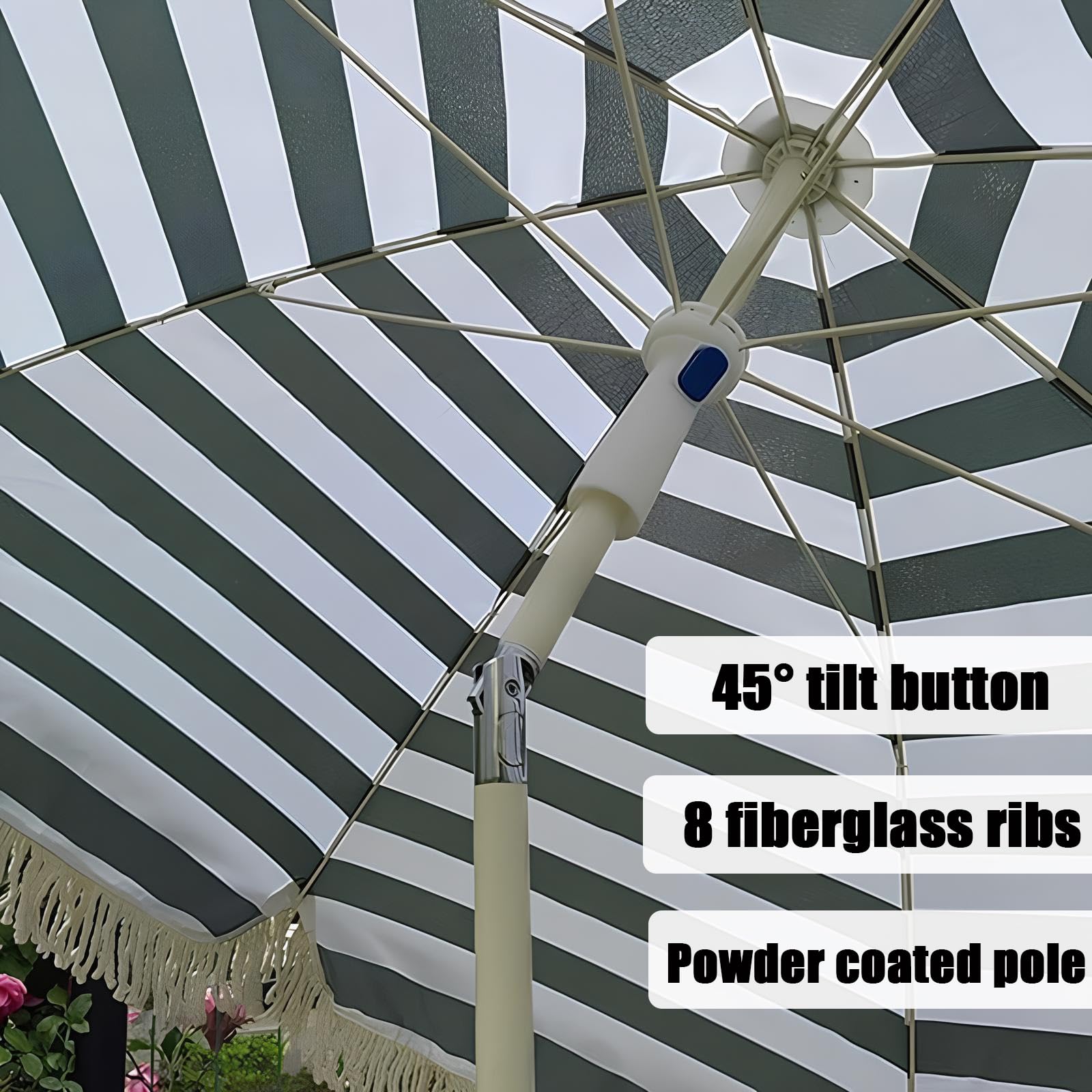 Ombrellone da Spiaggia Antivento Resistente, Righe Blue Bianche Ombrellone da Giardino Rotondo Ø 180 cm con Frange,Tenda da Spiaggia Portatile, Include Borsa Portatile