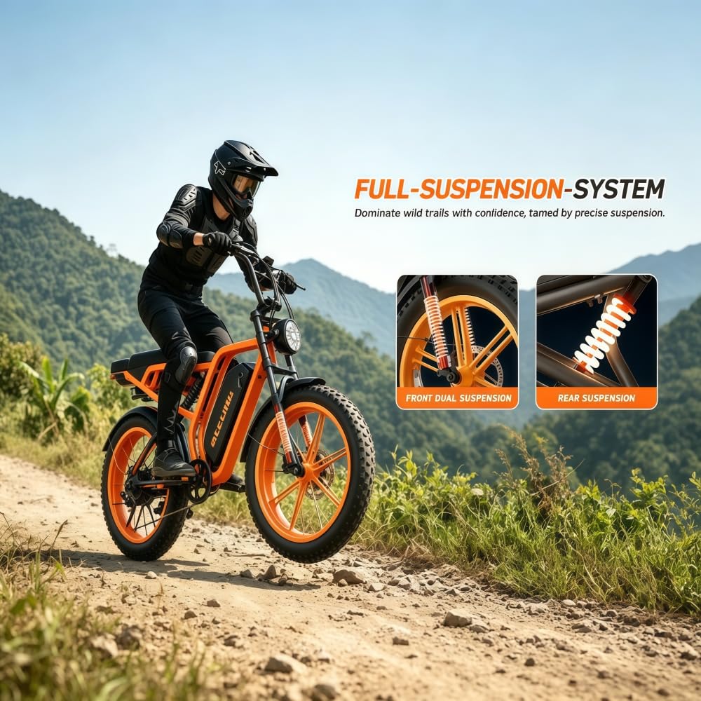 Bicicletta elettrica per adulti SU8 Premium, batteria rimovibile da 52 V e 20 Ah, autonomia di 80-120 km, 20 pollici, 7 Marce, freni idraulici, doppia sospensione, adatta a Tutti i terreni