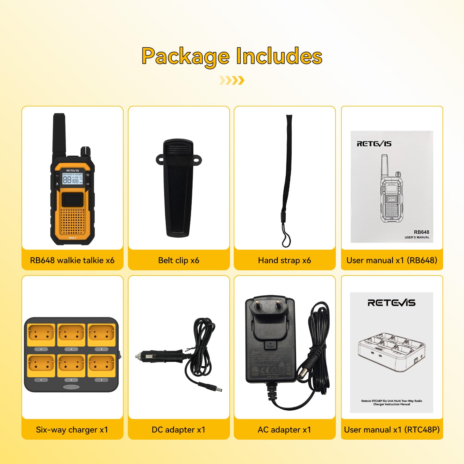 Retevis RB648 Impermeabile Walkie Talkie IP67, Ricetrasmittenti con Caricabatterie a 6 Vie