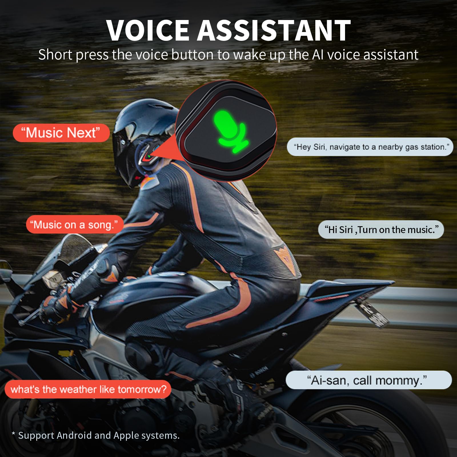 VCOROS Casco Moto Auricolare,VR1 Casco Moto Bluetooth Auricolare per Singola,IPX6 Impermeabile Cancellazione del Rumore per Vivavoce AI Voice Control,Controllo Musica (Hard Mic)