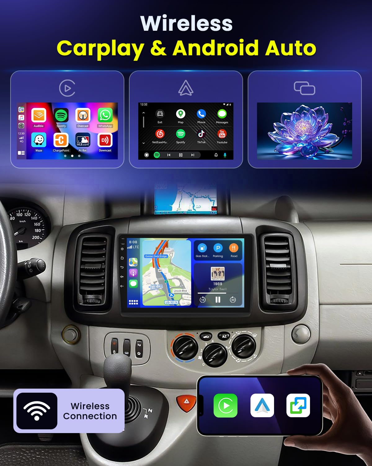 Hikity 2+64GB Radio Coche Android 15 para Renault Trafic 2001–2010/Opel Vivaro 2006–2010/Nissan Primastar 2006–2014 con 10" Pantalla, Carplay Android AutoFM/RDS Radio BT WiFi+Cámara Trasera+Mic