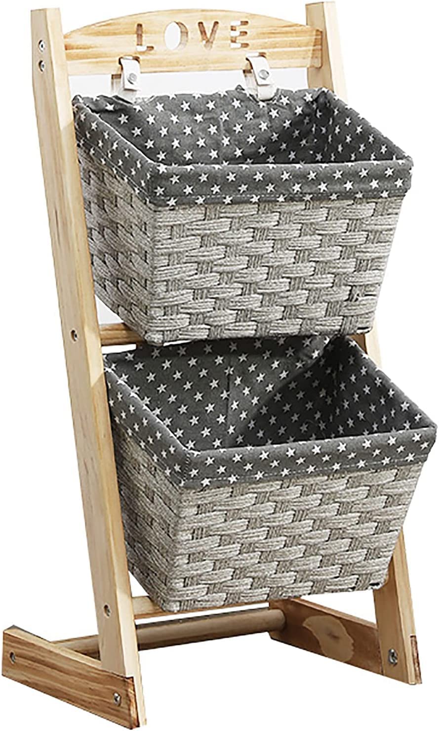 Pionowa wieża do przechowywania z wiklinowymi koszami, dekoracyjny organizer na zabawki, stojak na zabawki, przekąski i książki, szary, 2 poziomy, 35,5 x 28 x 71 cm