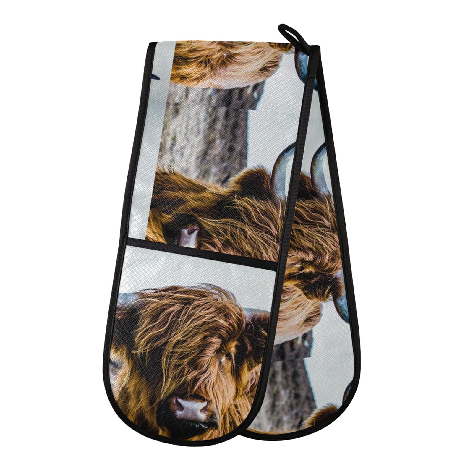 Earth-Yellow Scottish Highland Cow Vintage Style Double Oven Mitt Gloves Extra Long Potholder High Heat Resistant for Baking Cooking Baking Grilling Handling Hots Pans 35