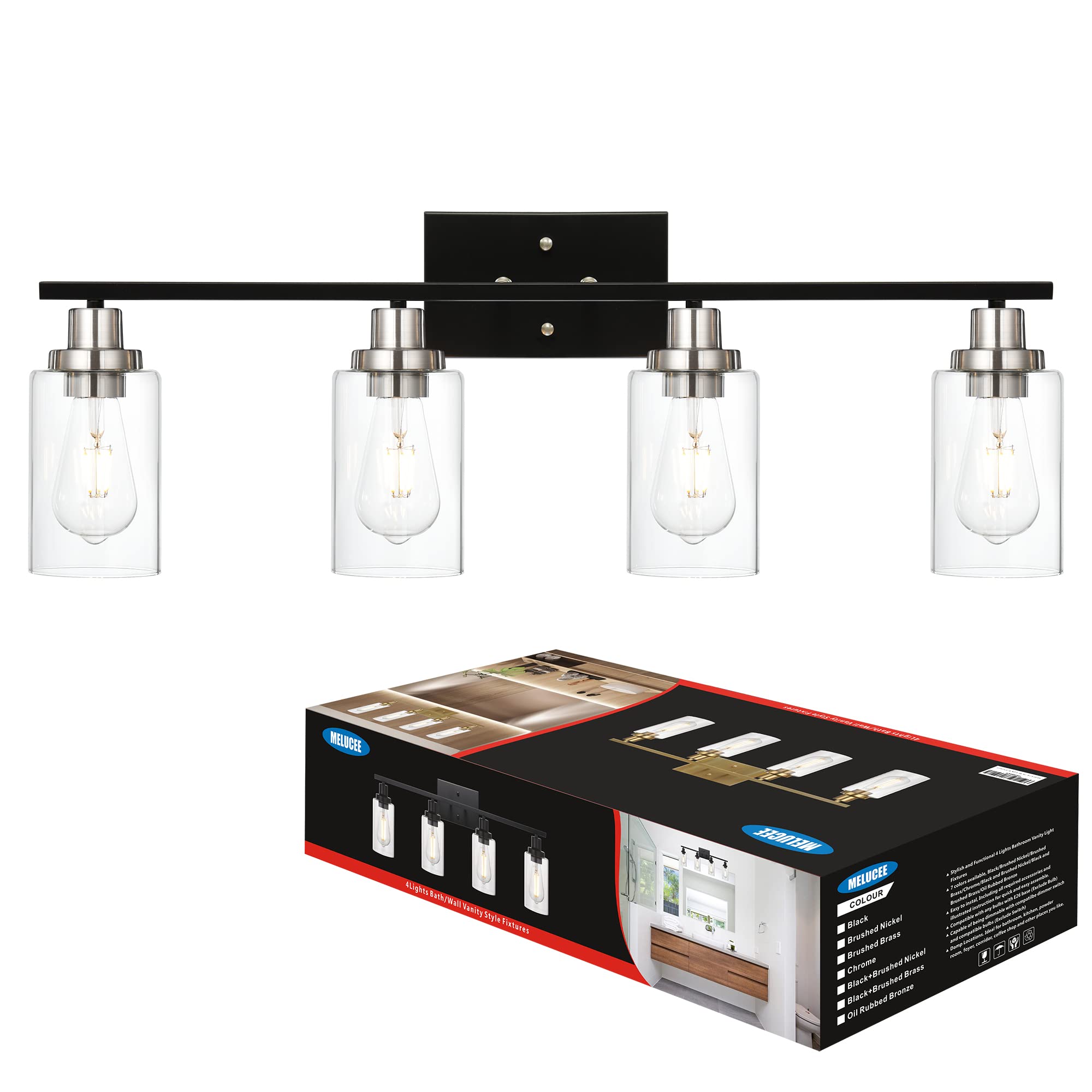 MELUCEE 4-Light Modern Vanity Lights with Clear Glass Shade, Black Bathroom Lighting Fixtures Over Mirror Brushed Nickel Wall Mount Lamp for Bedroom Vanity Table Mirror Cabinets