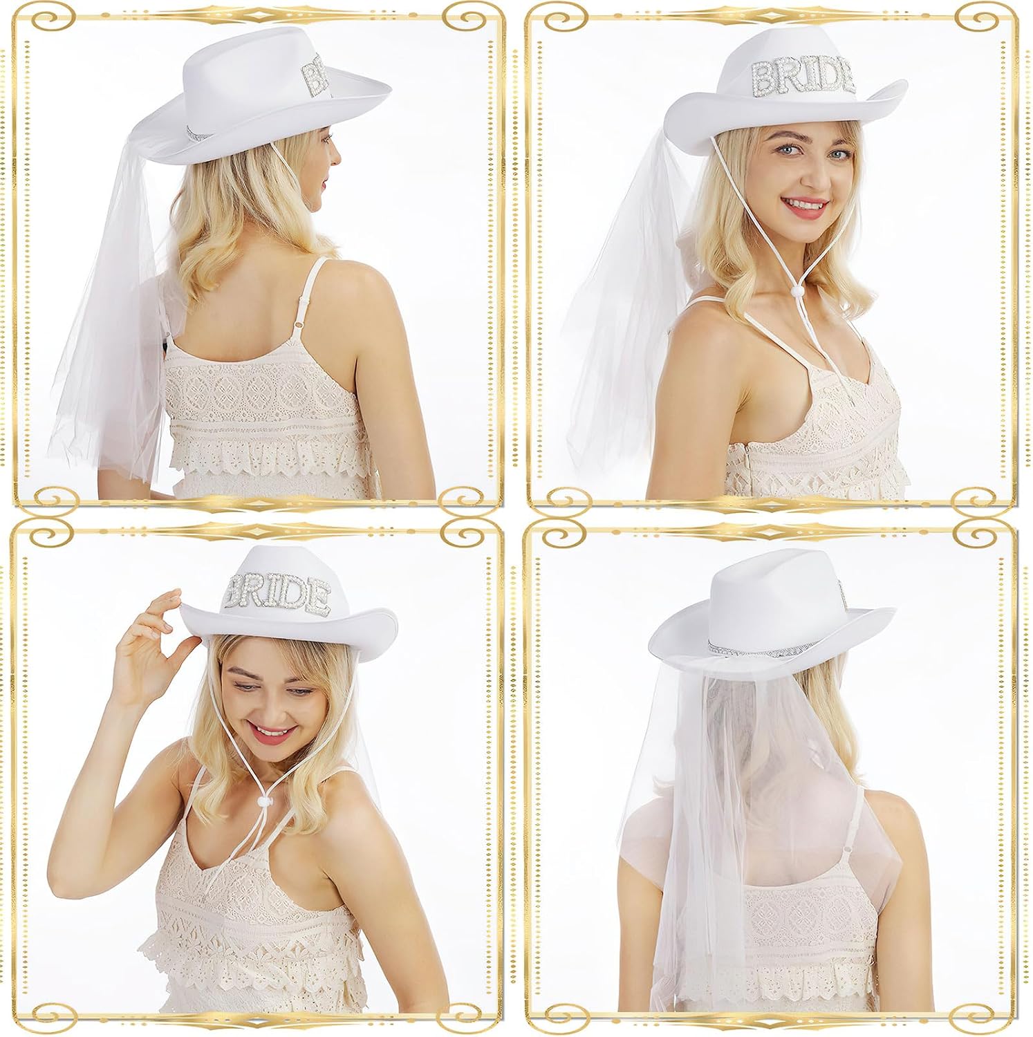 Bride Cowboy Hat Drill Strap White Veil with Rhinestone Sequins for Wedding Bachelorette Bridal Shower Party Decoration Western Party Dress Up Accessories