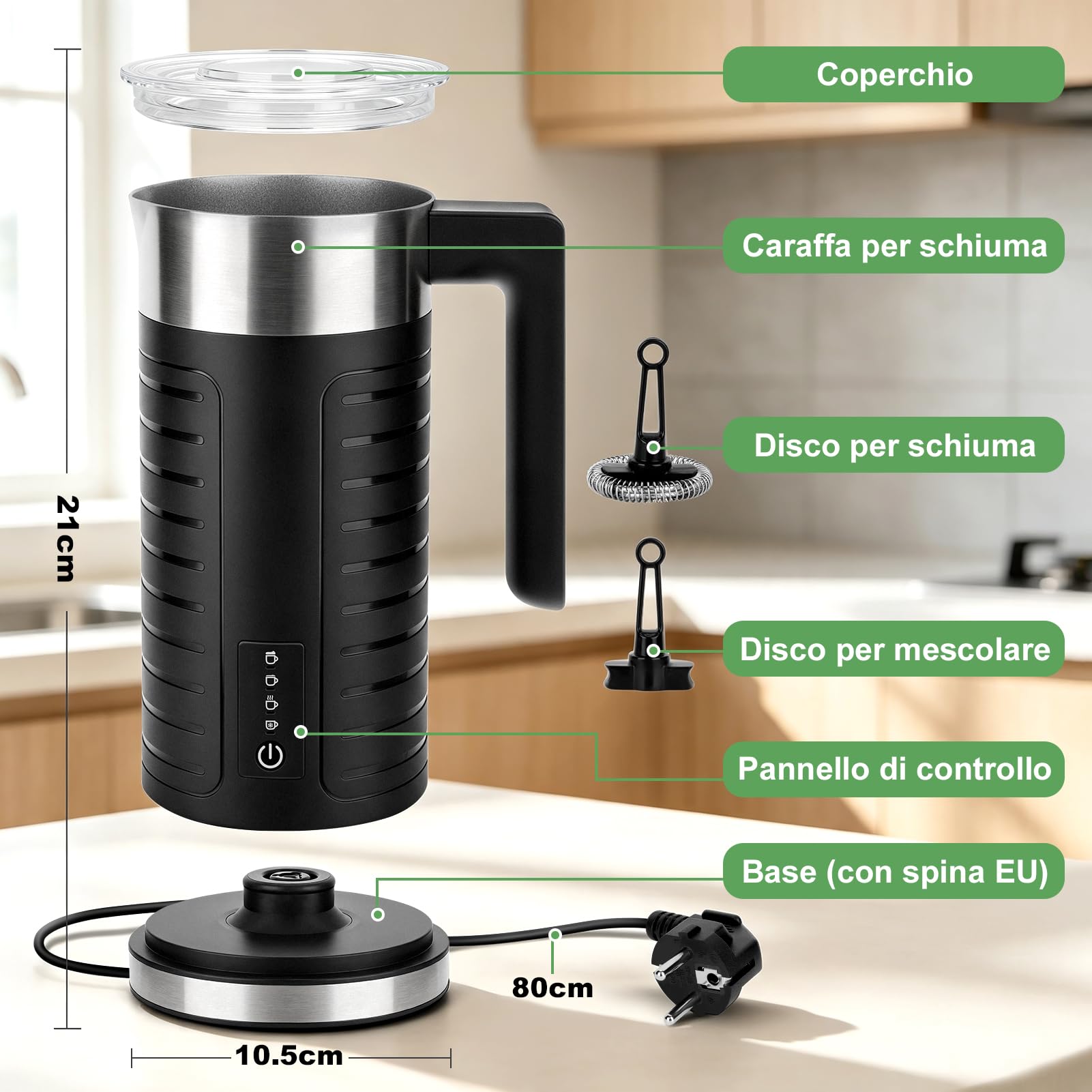 Montalatte, montalatte elettrico automatico con funzione One-Touch per caffè, latte macchiato, cappuccino, macchiato