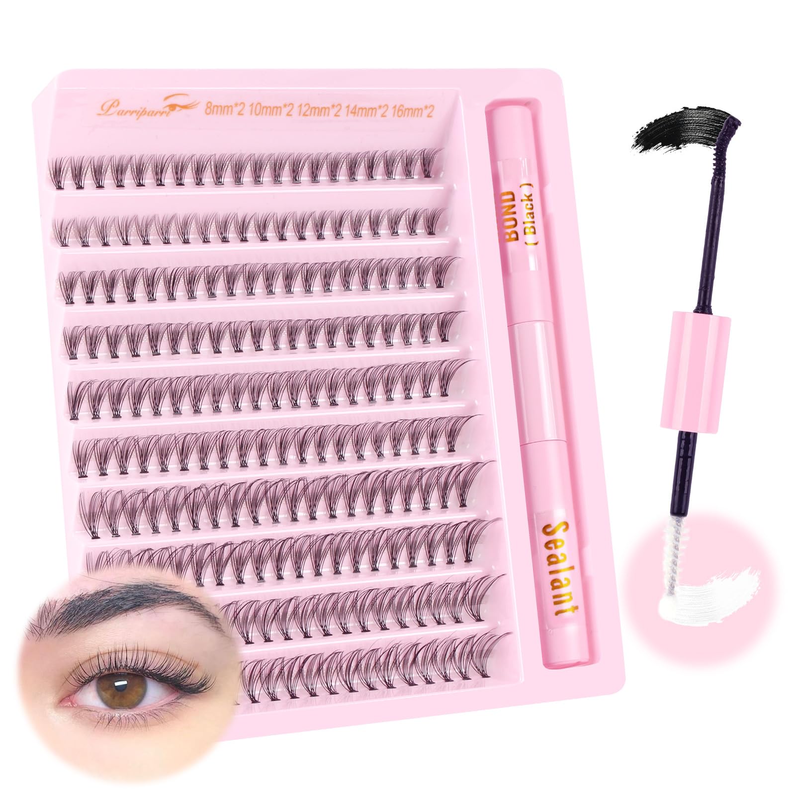 Parriparri Kit Extensiones de Pestañas Individuales con 2 in 1 Bond&Seal 20D C Curl Naturales Kit de Pestañas Postizas Pelo a Pelo DIY Profesional Cluster Lashes