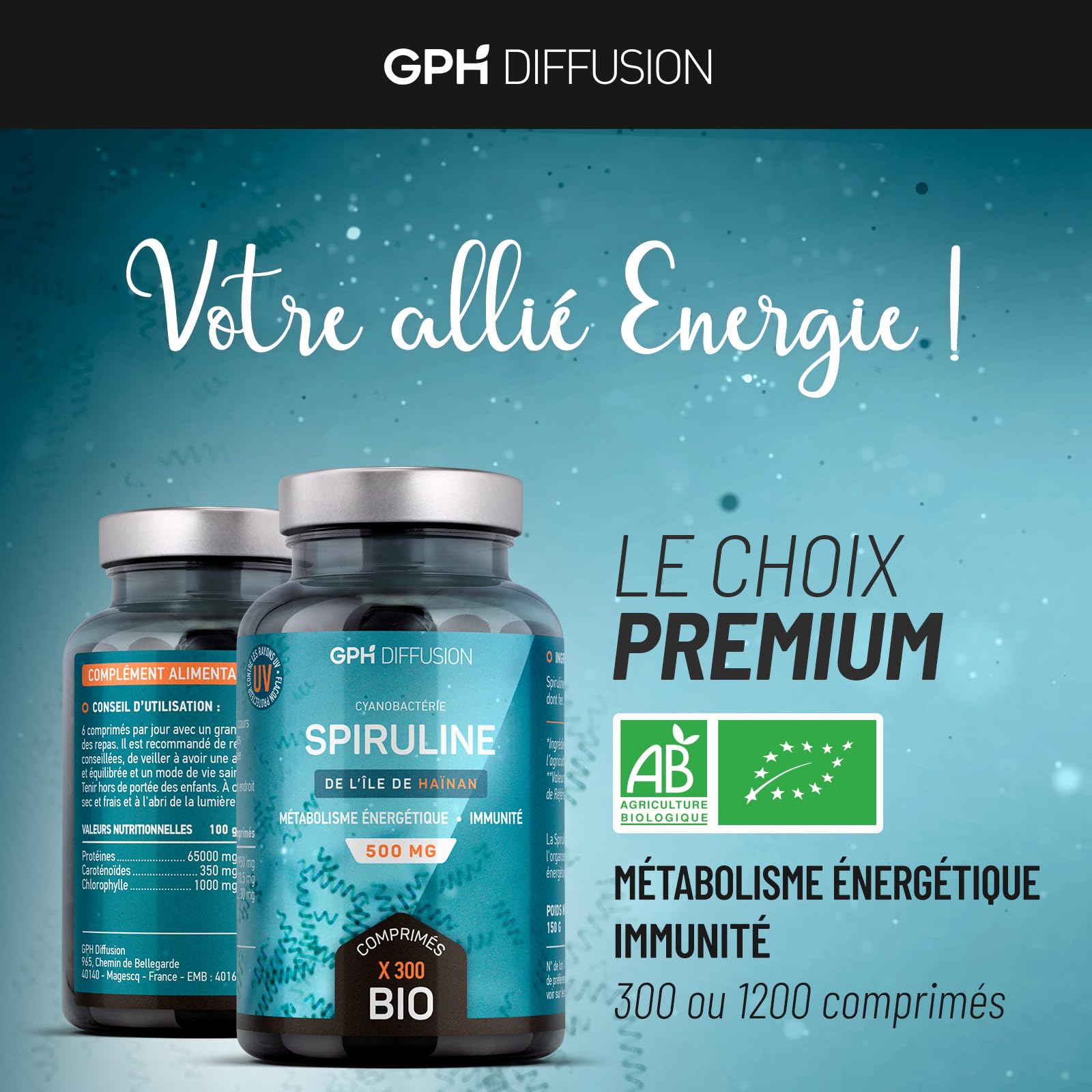 Spiruline Bio AB 500 mg -1200 comprimés - Riche en Protéines, Phycocyanine, Chlorophylle, Caroténoïde et Fer - GPH Entreprise Française