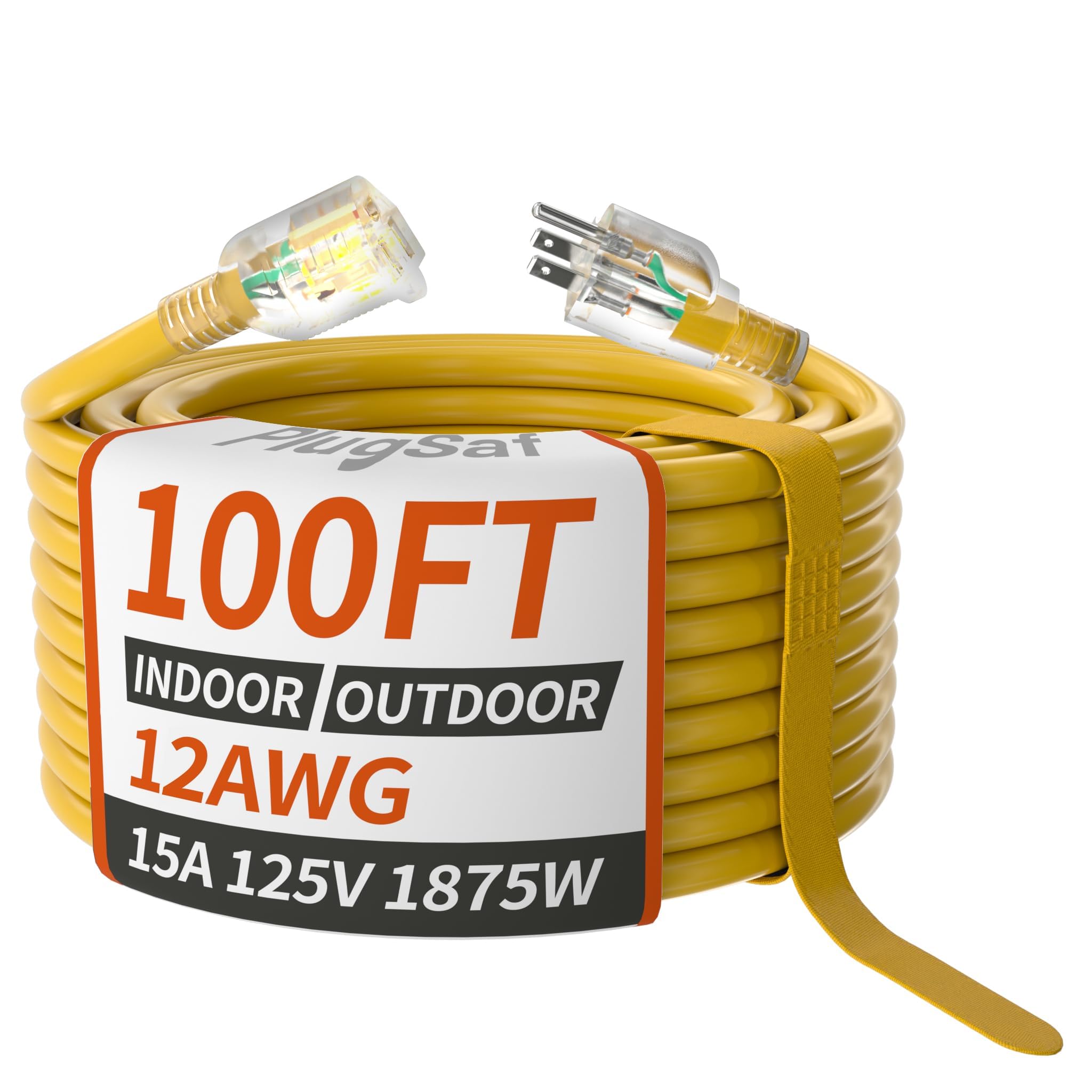 PlugSaf 100ft 12/3 Gauge Outdoor Extension Cord Waterproof with Lighted Indicator,12 Gauge SJTW Heavy Duty 15Amp 1875W,3 Prong Cords Flexible Yellow
