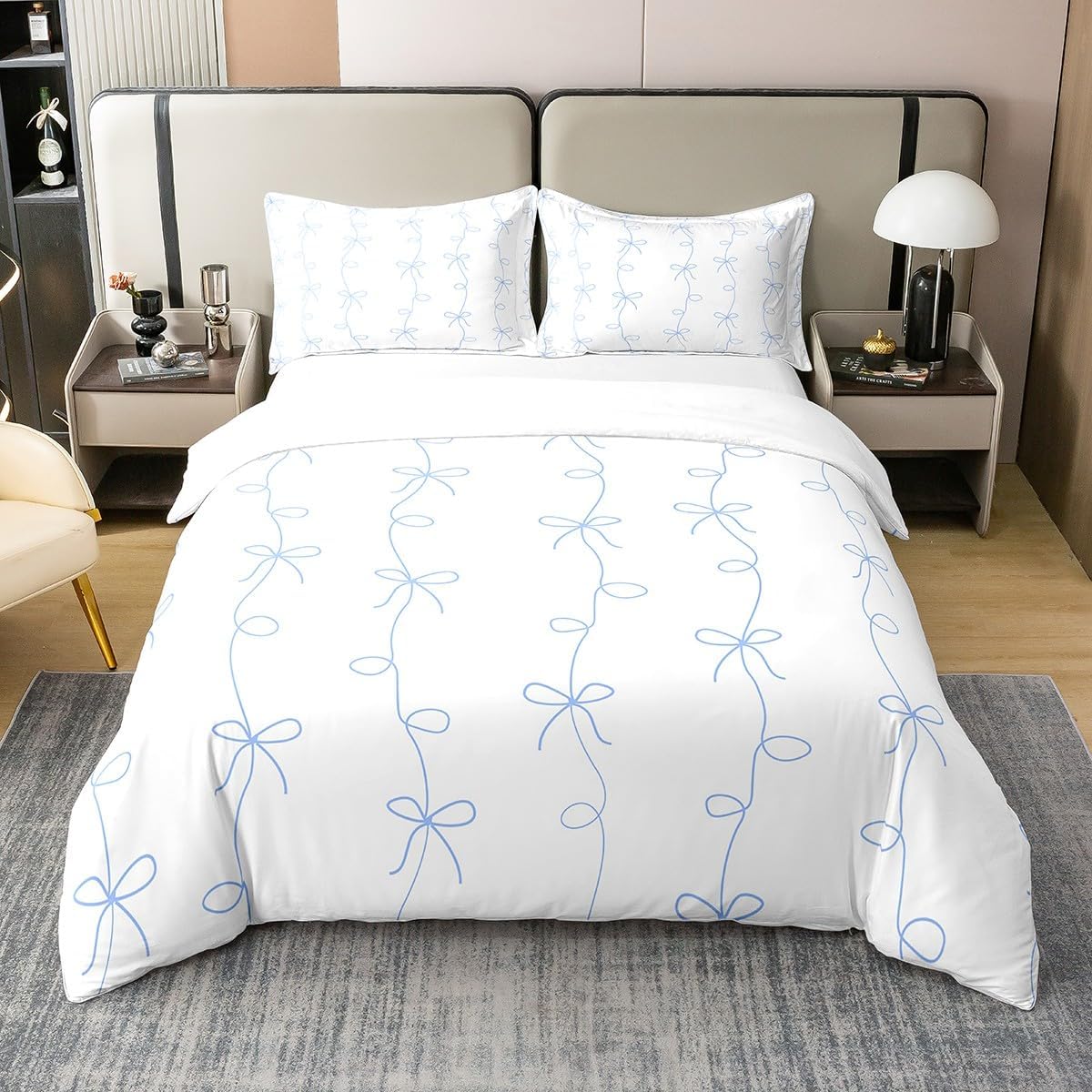 Erosebridal Bowknot Bedding Set for Girls Kids Teens Blue Abstract Geometric Stripe Pattern Comforter Cover Aesthetic Coquette Butterfly Knot Tie Duvet Cover Comfy 100% Cotton Queen Size