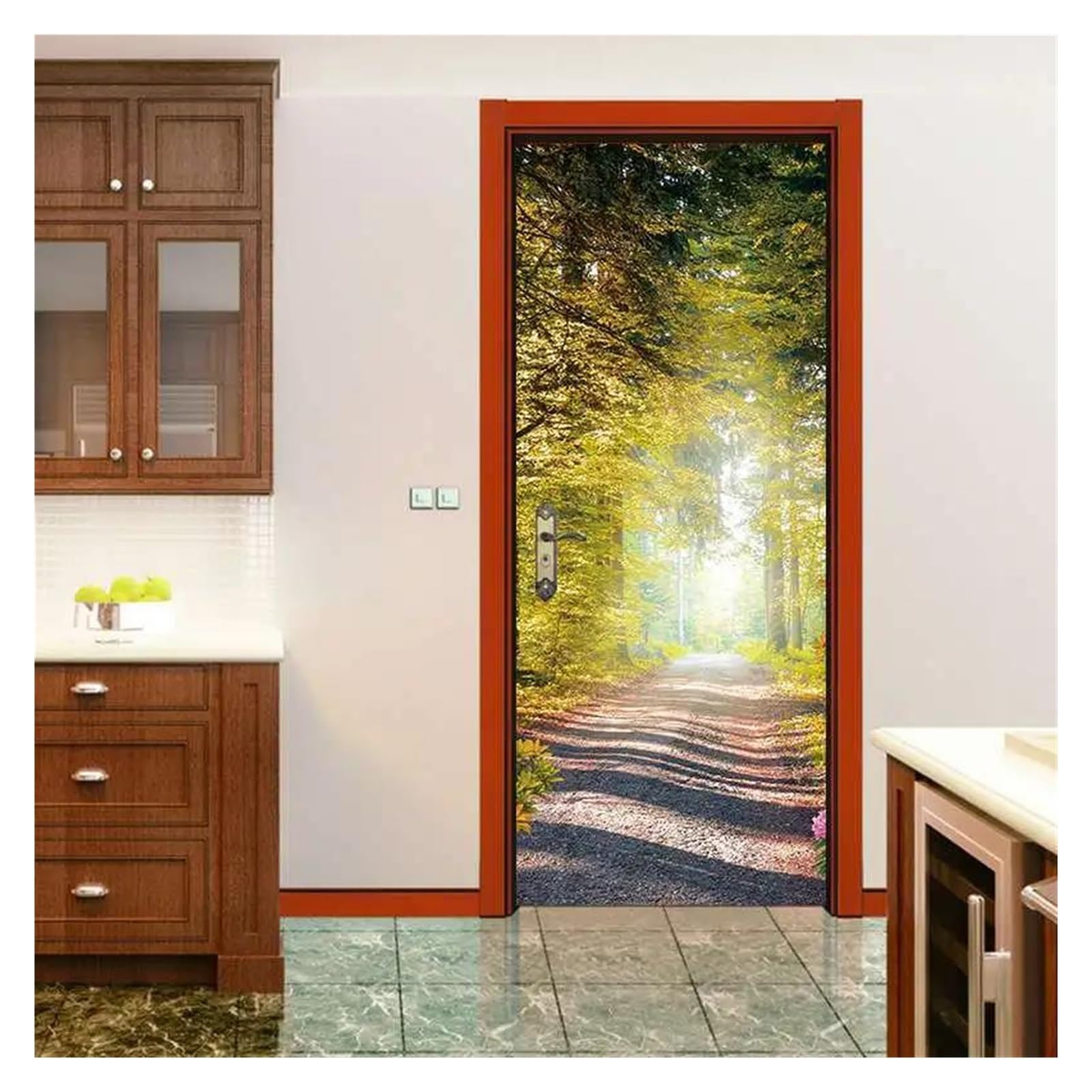 Autocollant de porte 3D route forestière d'automne pour déco de salon chaleureuse