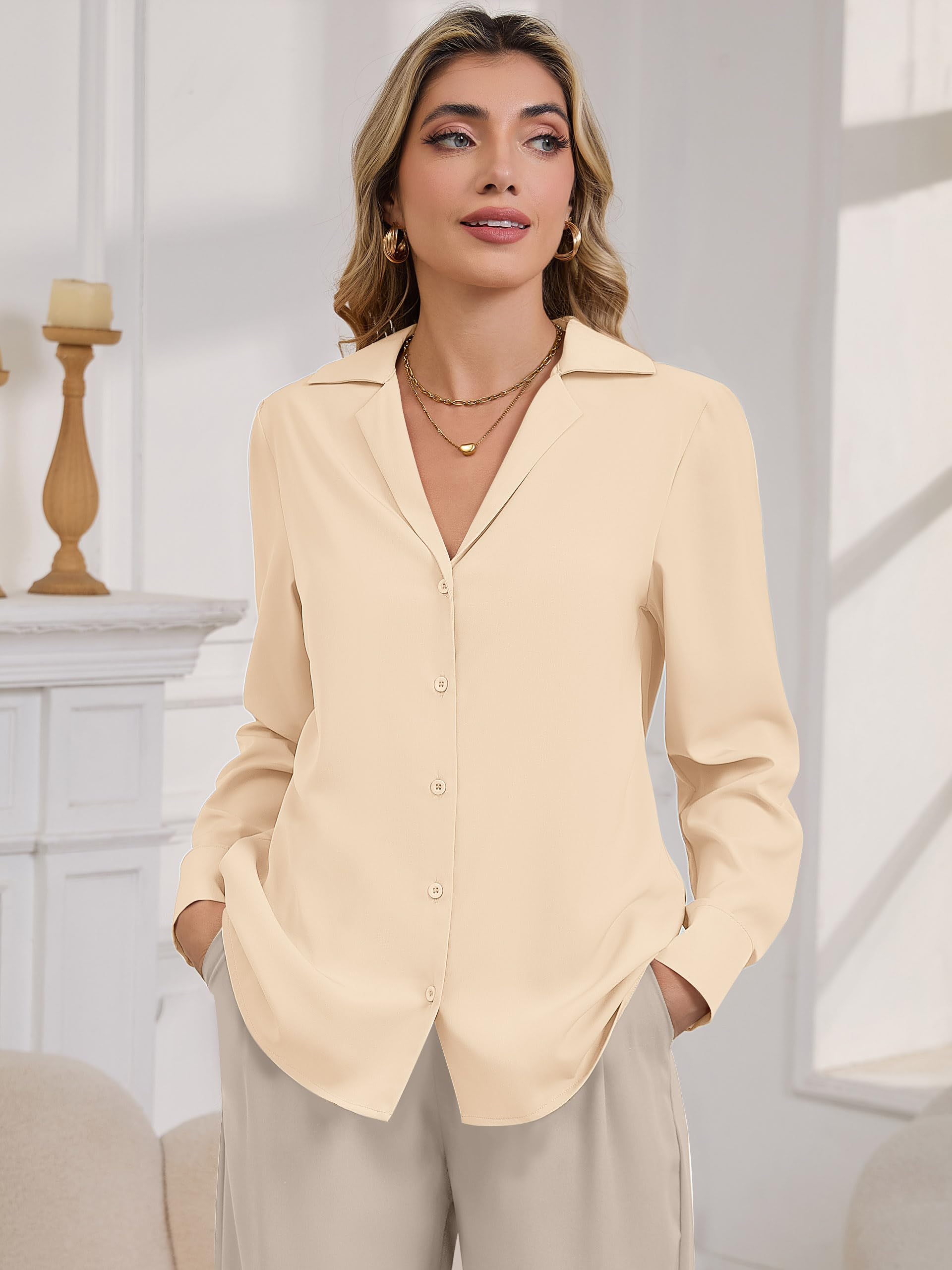 Blusa informal de negocios para mujer, elegante, de seda satinada, manga larga, con botones, cuello de solapa, cuello en V, blusas de trabajo de gasa