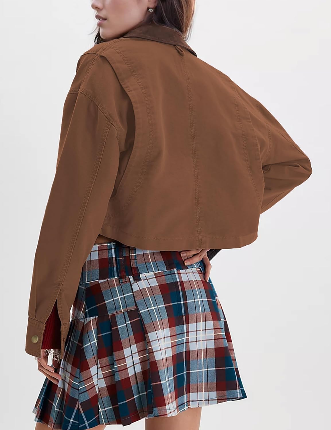 Barn Jackets for Women Contrast Collar Utility Coat Cargo Jacket Cropped Jacket with Pockets Outwear - Image 2