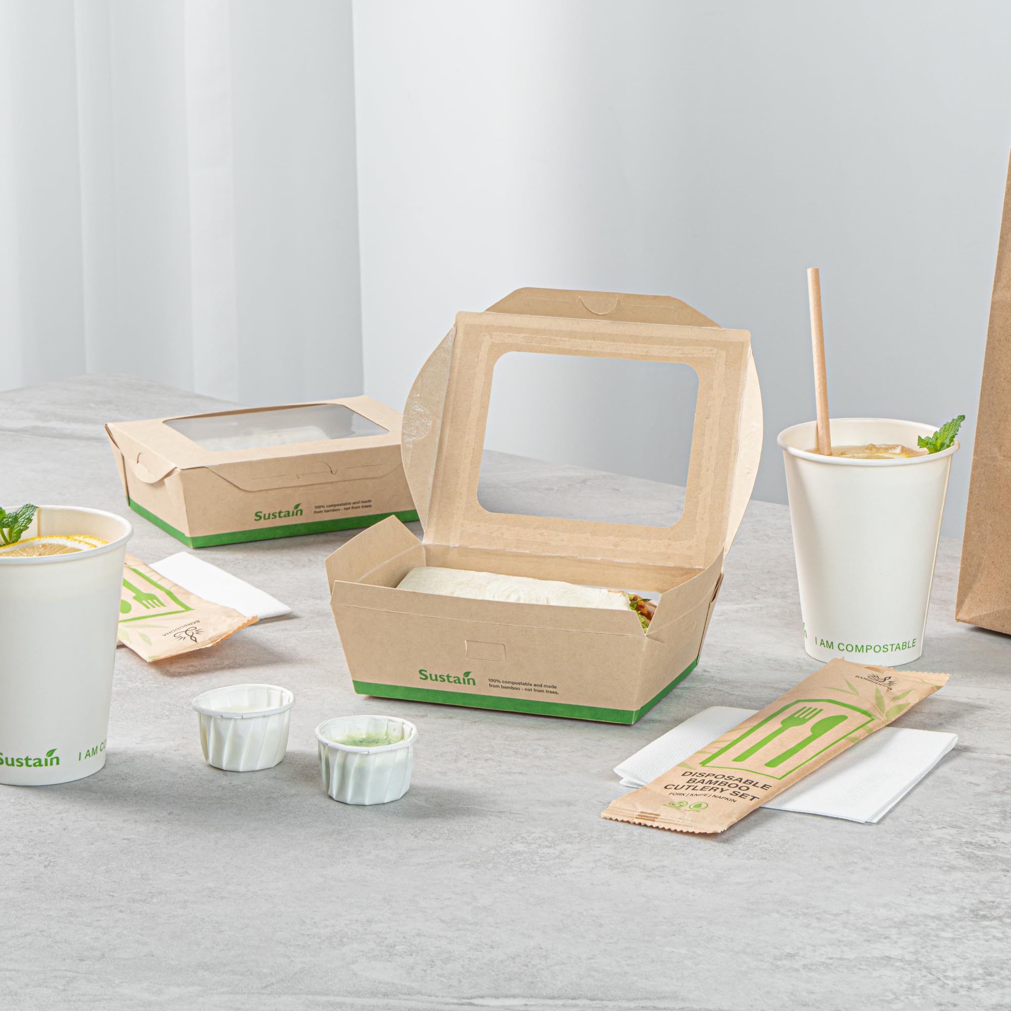 Restaurantware - Cajas de papel resistentes de 28 onzas, 50 recipientes desechables para alimentos, con forro de ácido poliláctico, dos ventanas transparentes de ácido poliláctico, contenedores de