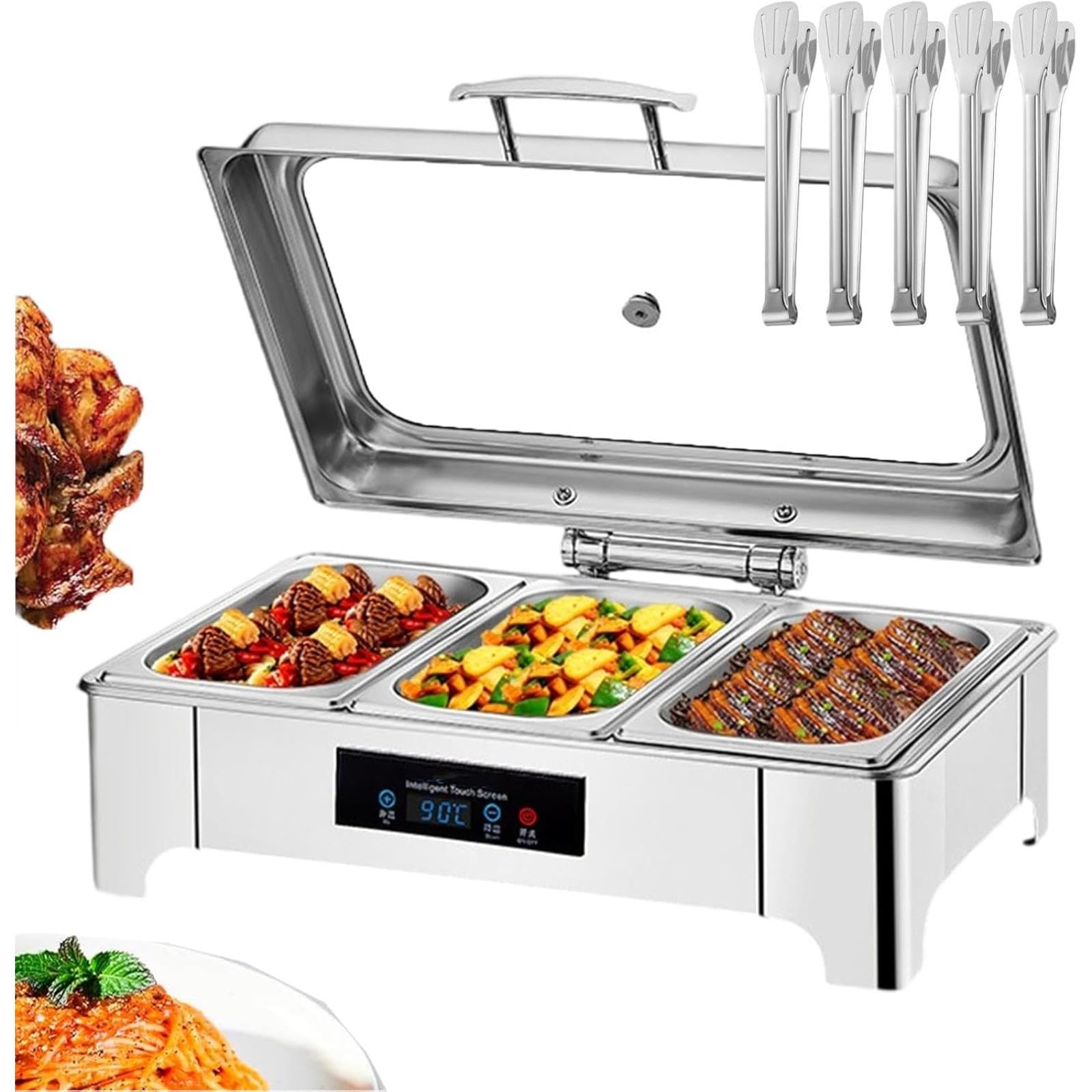 Scaldavivande Elettrico per Buffet, in Acciaio Inox, con Schermo Touch E Coperchio in Vetro Trasparente (grids)