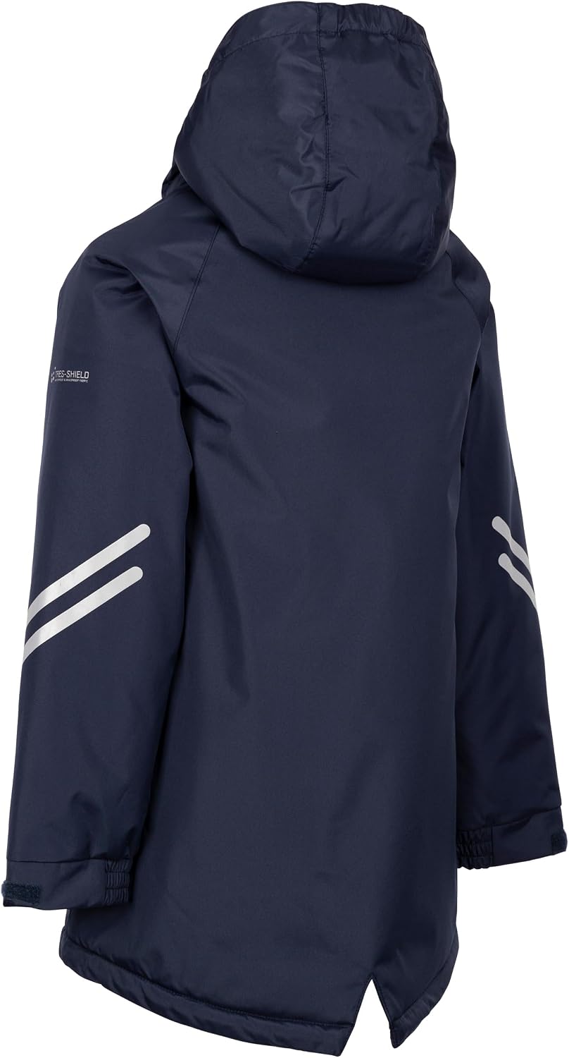 Trespass Kids Waterproof Jacket Valleyfield - Padded Longer Length Waterproof Raincoat for Kids with taped Seams, Detachable Hood, Reflective Detail & 2 Pockets