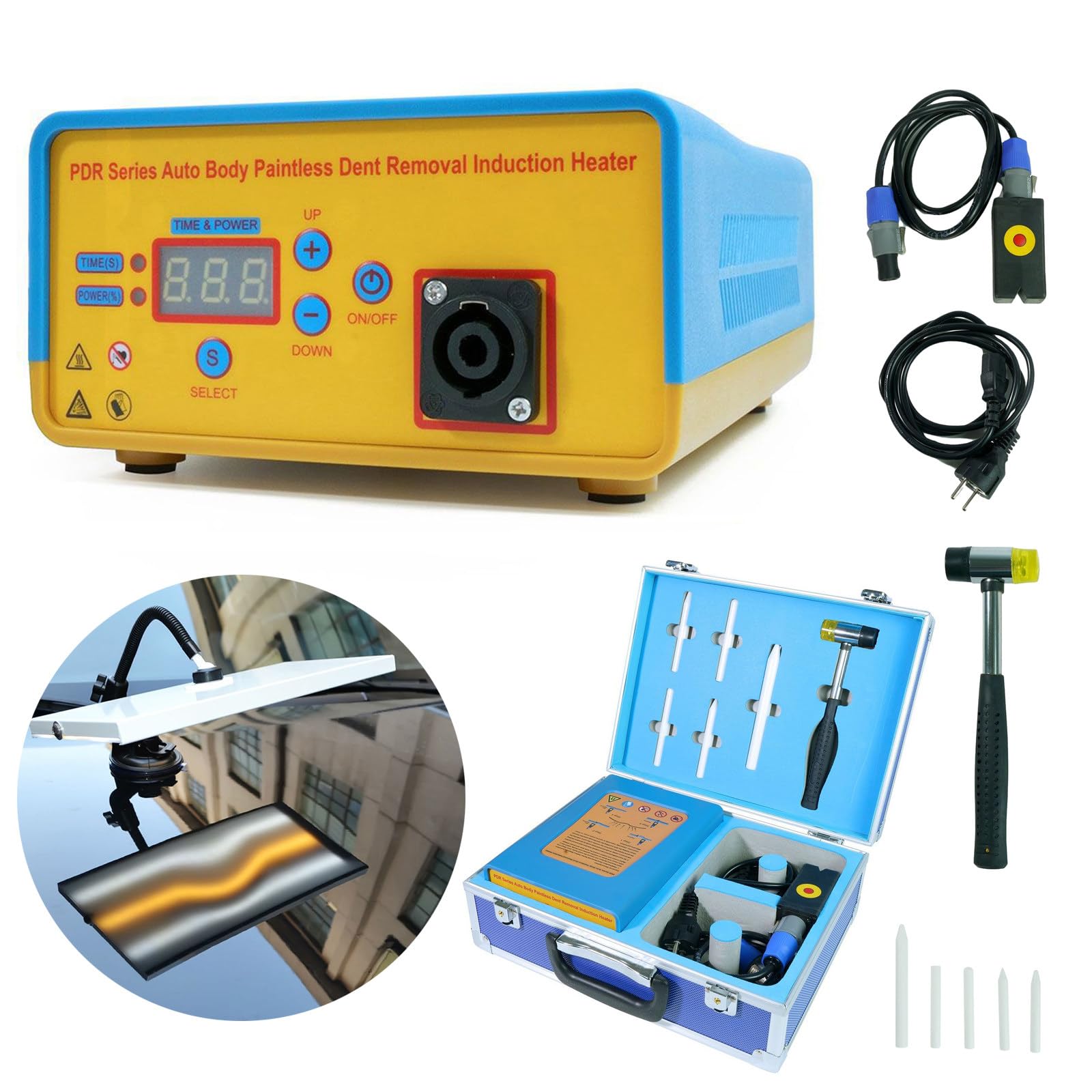 Car Dent Repair Remover Tool 1.38KW with Dent Reflector LED Lamp, PDR Induction Heating Paintless Dent Repair Kits with LCD Screen, Repairs Iron Car Body, Shallow Dents, Soft Dents, Hail Dents