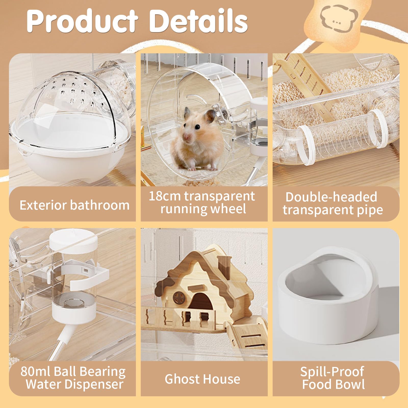 Gabbia per criceti in acrilico con accessori, trasparente gabbia per roditori 45×30×33 cm con ruota, tunnel, casetta in legno, abbeveratoio e ciotola per cibo – Grande gabbia per piccoli animali per