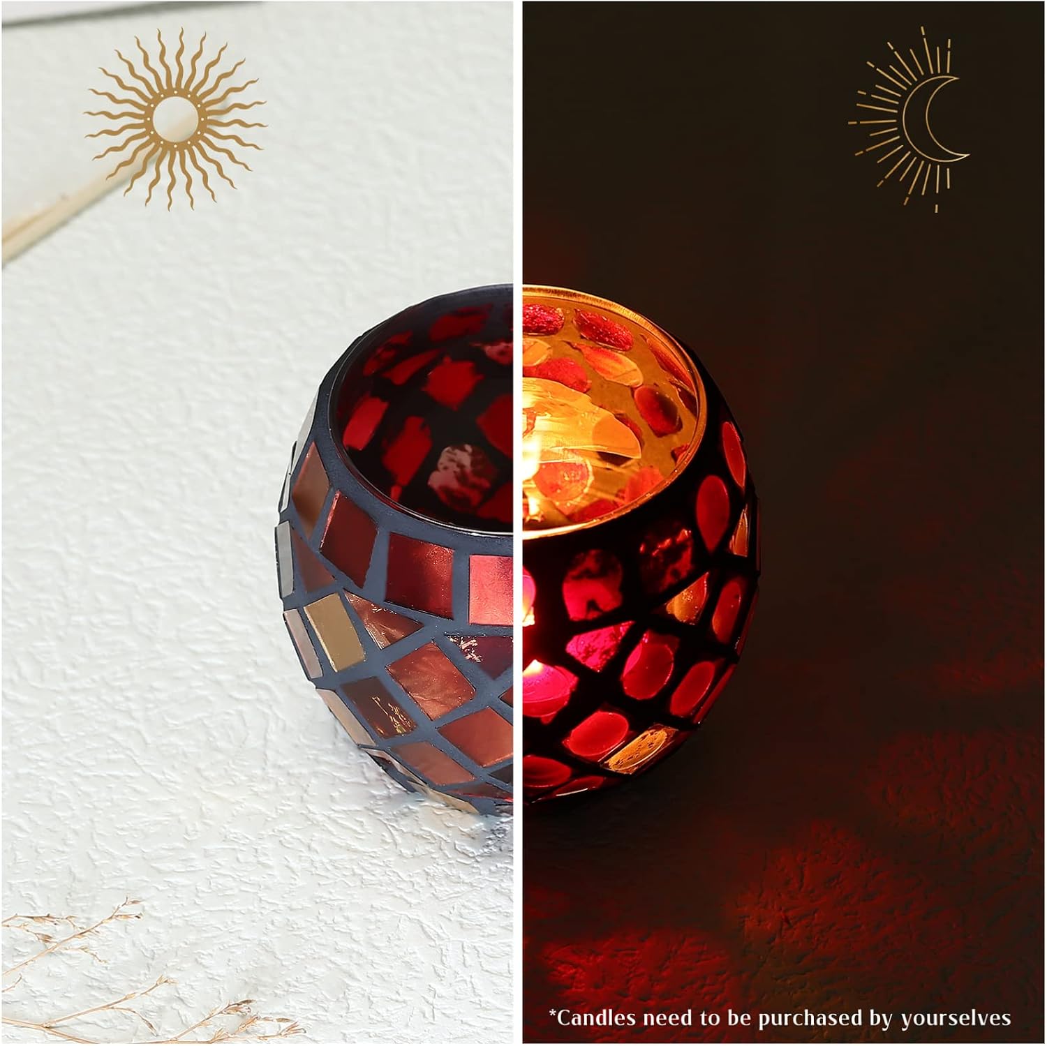 Uonlytech Mosaic Candle Holder Red Glass Votive Candle Holder Tealight Stand Vintage Tabletop Ornament for Home Easter Wedding Parties