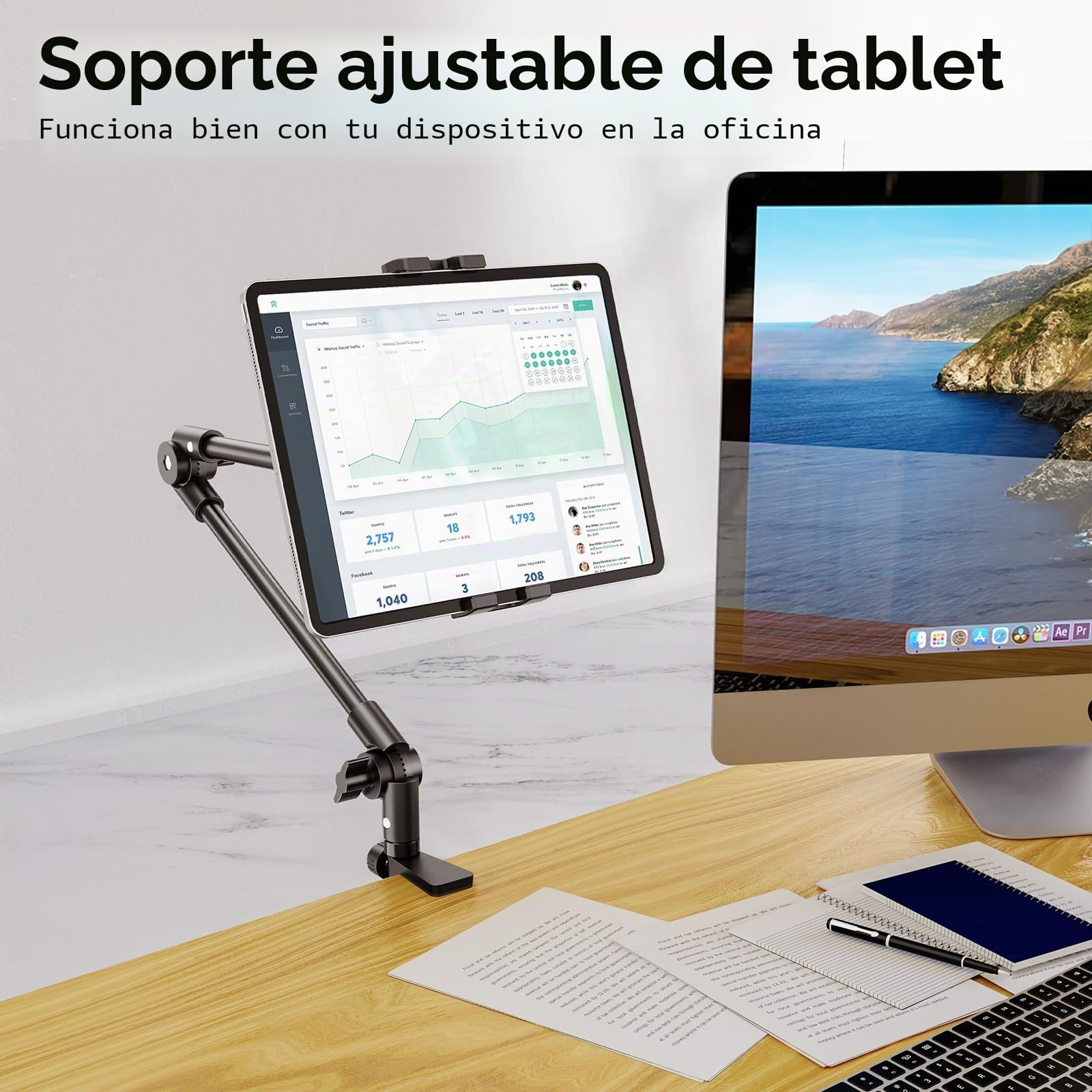 Soporte para Tableta con Soporte de Trípode para iPad de 360°, 68.5cm Soporte para Cámara Web de Brazo Largo para Escritorio, para Dispositivos de 4.7"-13", iPad Pro 12.9 Air Mini, Galaxy Tabs, Nexus