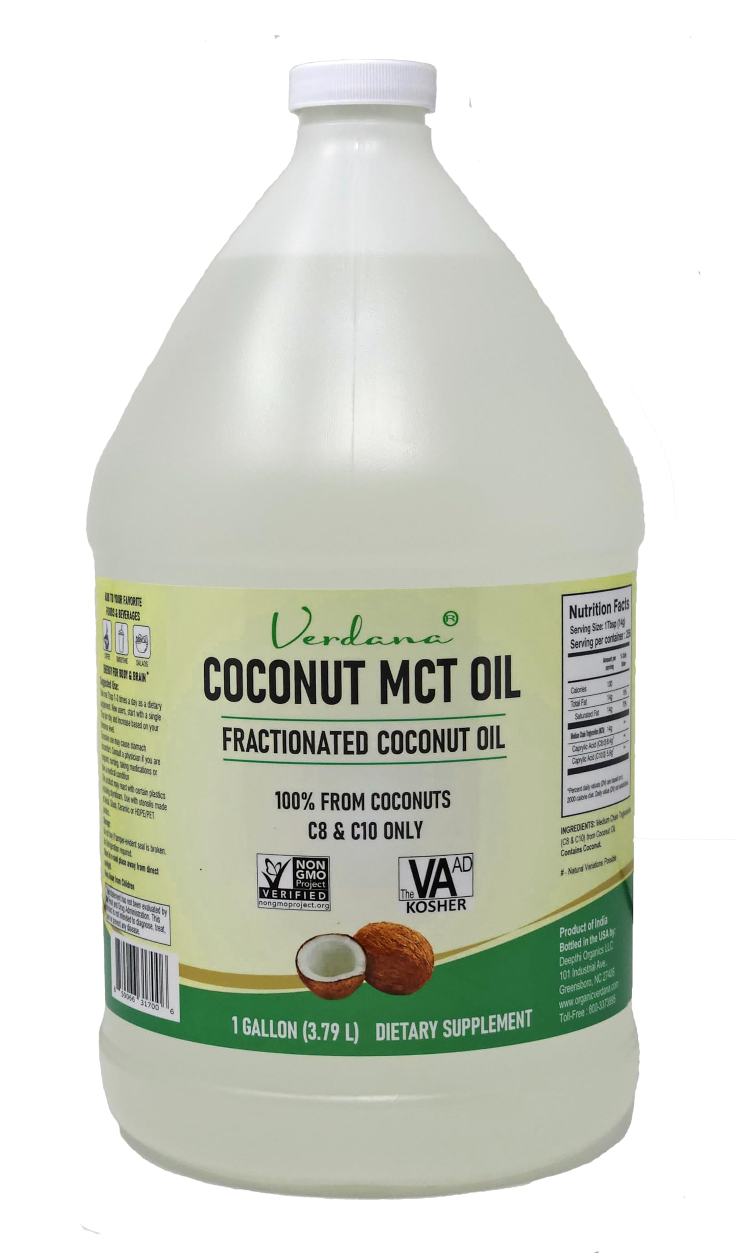 Verdana Coconut MCT Oil 1 Gallon – Food Grade for Keto Coffee, Unflavored Natural Oil Pulling Mouthwash, Massage, Aromatherapy – 100% from Coconut -