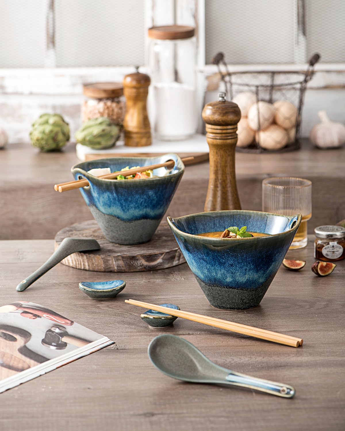 UNICASA Cuencos Ramen, Set 2 Cuencos Cerámica Sopa 600 ml, Tazones de Sopa de Fideos de Ramen Retro Con Palillos y Cucharas, Apto para Microondas, Ensalada de Frutas - Azul Gris