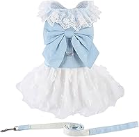 Vista 6 de Vestido de mezclilla para perro con anillo para correa, falda de princesa de malla de encaje con lazo para cachorro, ropa de moda para mascotas