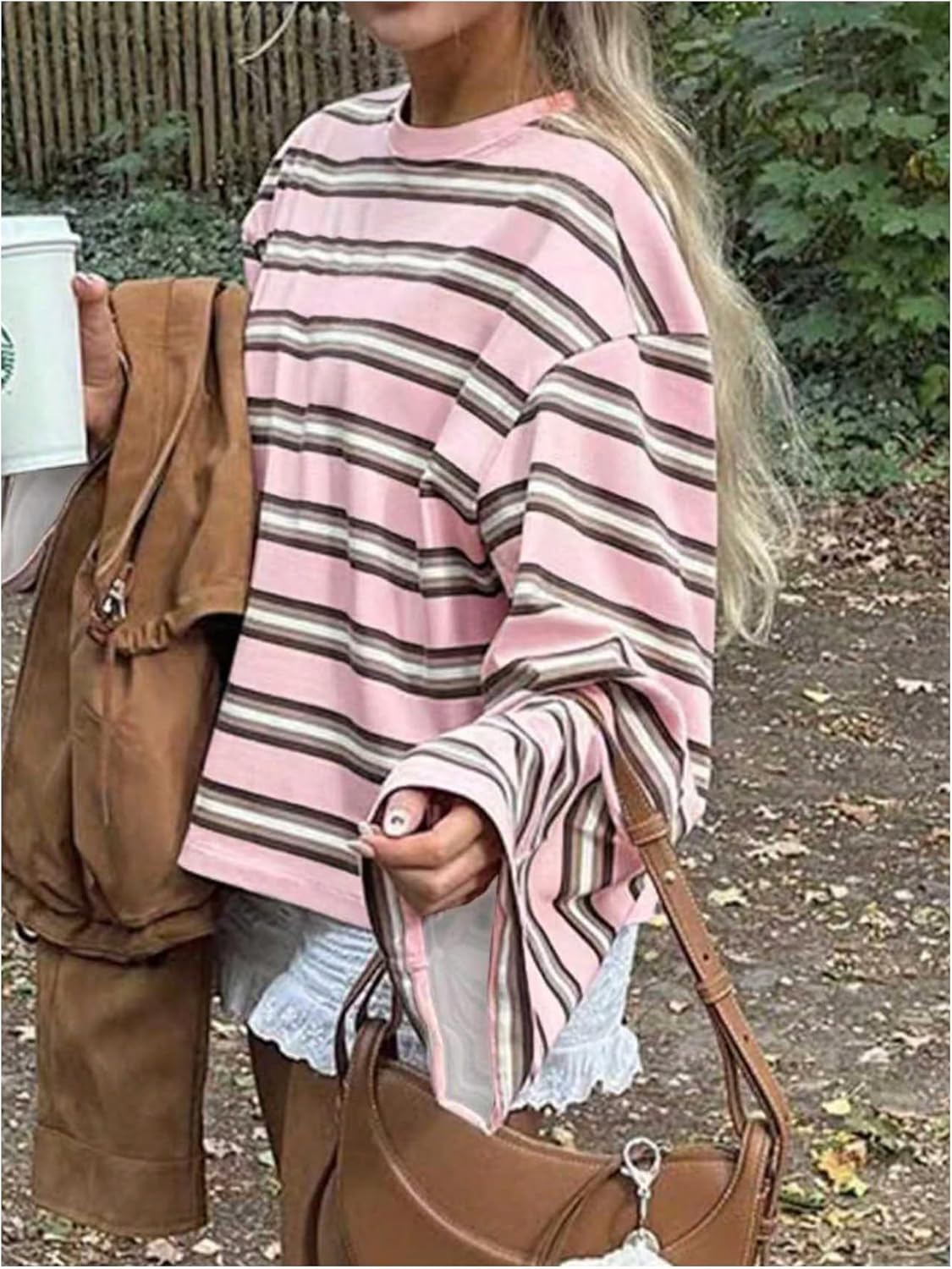 Women's Striped Oversized Tshirts Long Sleeve Crew Neck Baggy Tops Casual Fall Tee Shirt - Image 3