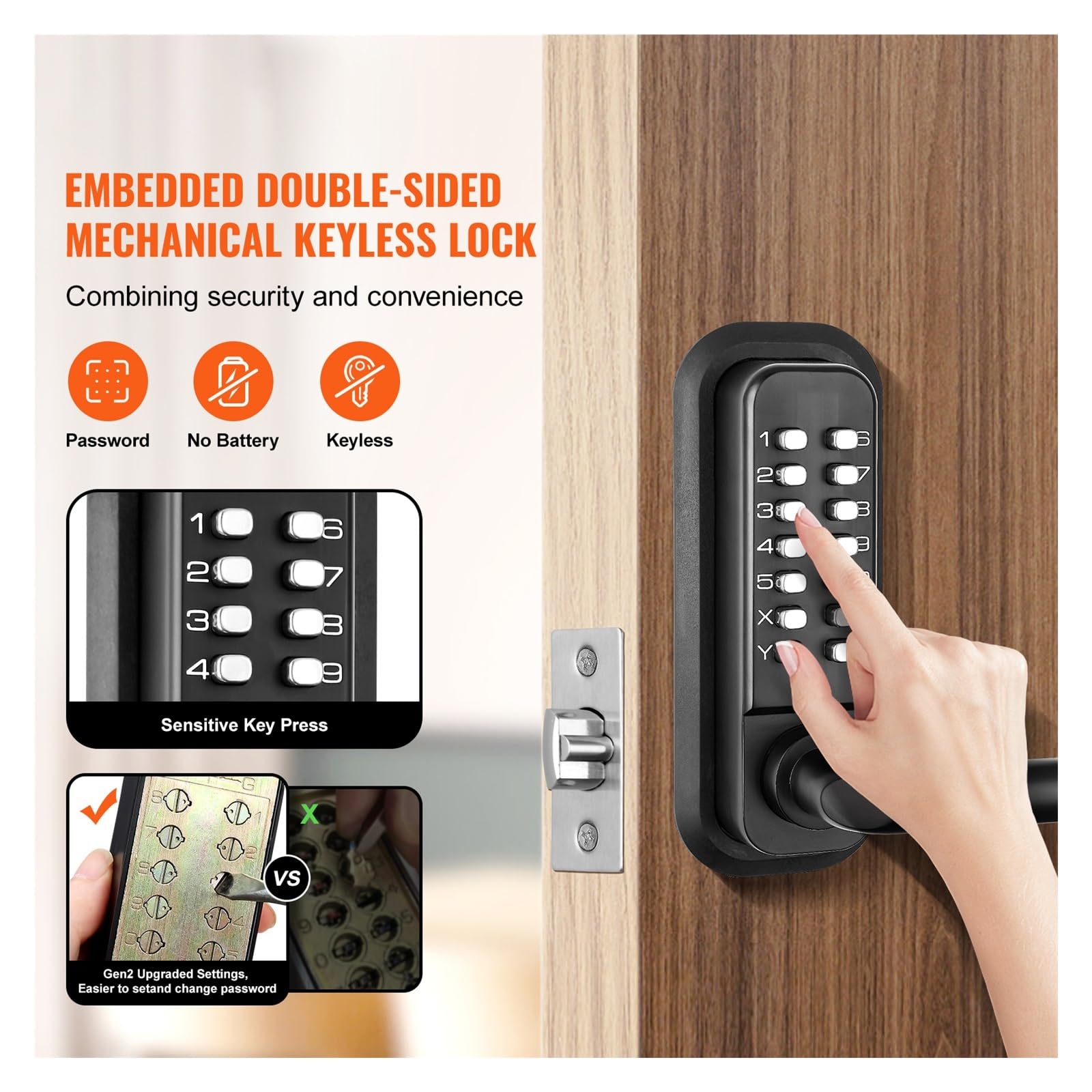 Cerradura mecánica para puerta de entrada sin llave, teclado de 14 dígitos y mango integrado de una o dos caras