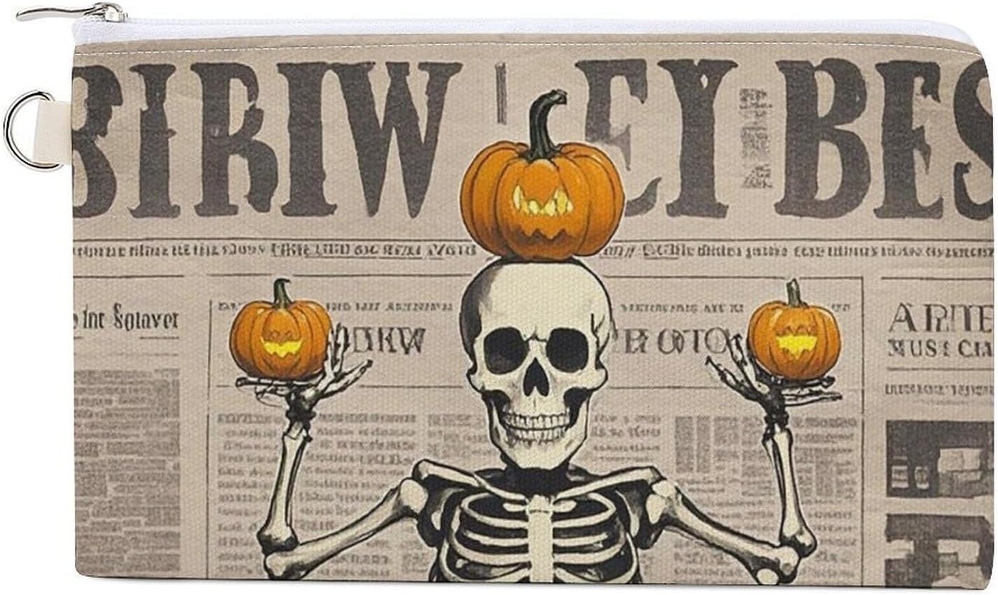 Skeleton Pumpkin Coin Purse Coin Pouch with Zipper for Men Women Portable Change Wallet Canvas Coin Bag
