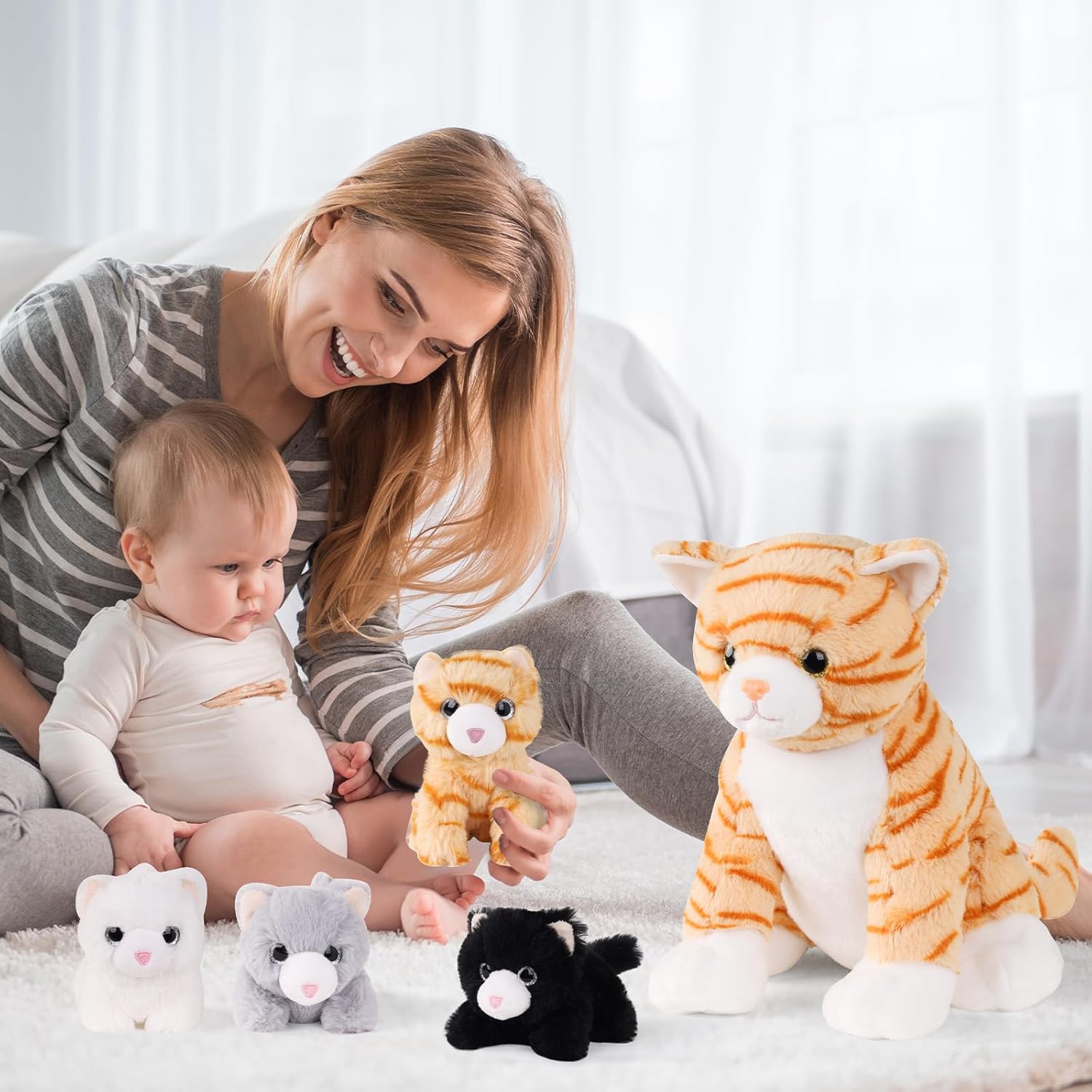 5 PCS Cat Stuffed Animal with Babies Inside Belly, 1 Mommy Stuffed Orange Tabby Cat Toy with 4 Plush Kittens, Stuffed Kitty Plushies for Kids Boys Girls Christmas Birthday Gift